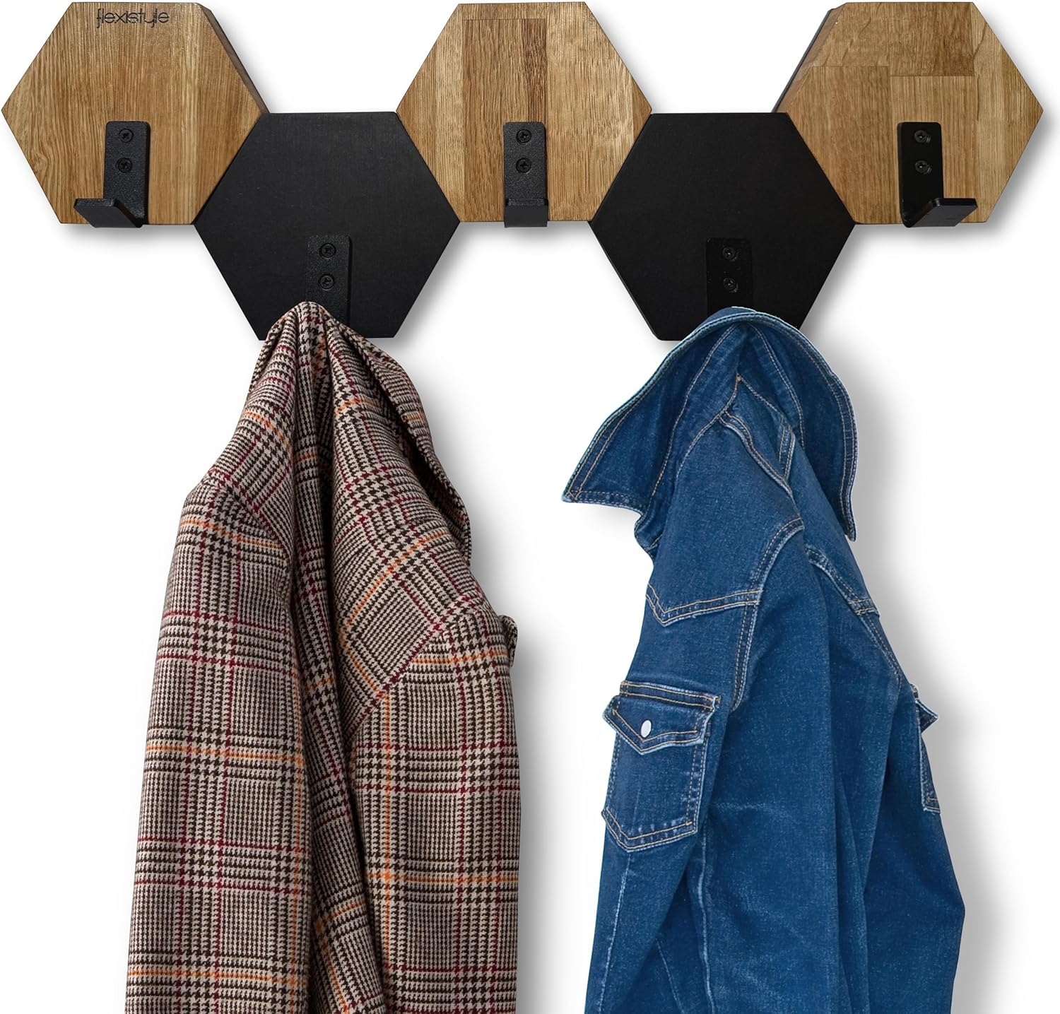 Hexagon Wall Coat Rack Wood Oak Black Design Modern Teenager's Room Bathroom Natural (Black/Oak, 56)