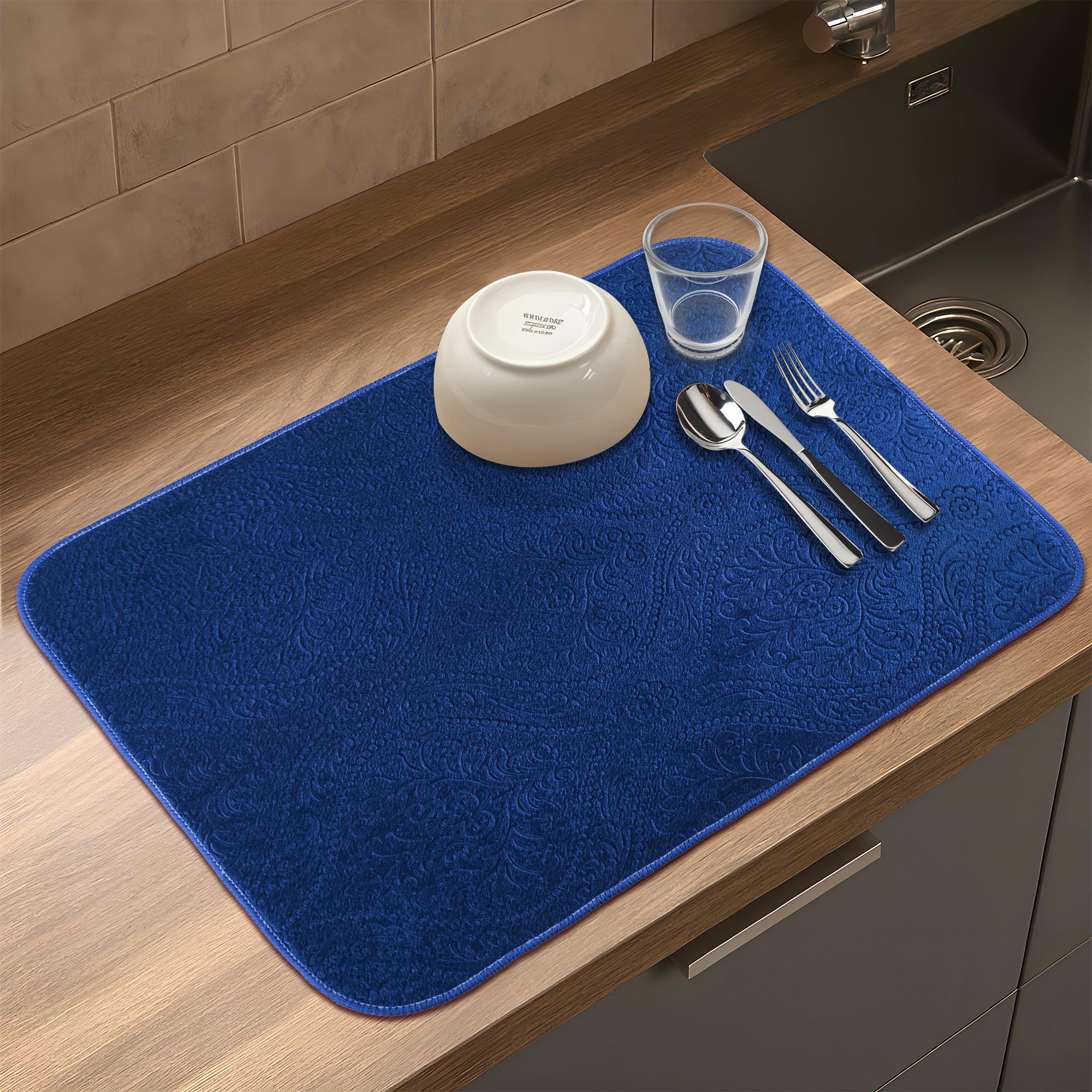 Kuber Industries 38x50 Cm Microfiber Dish Drying Mat | Water Absorbent Kitchen Mat for Drying Utensils for Coffee Bar & Counter | Self Design - Blue