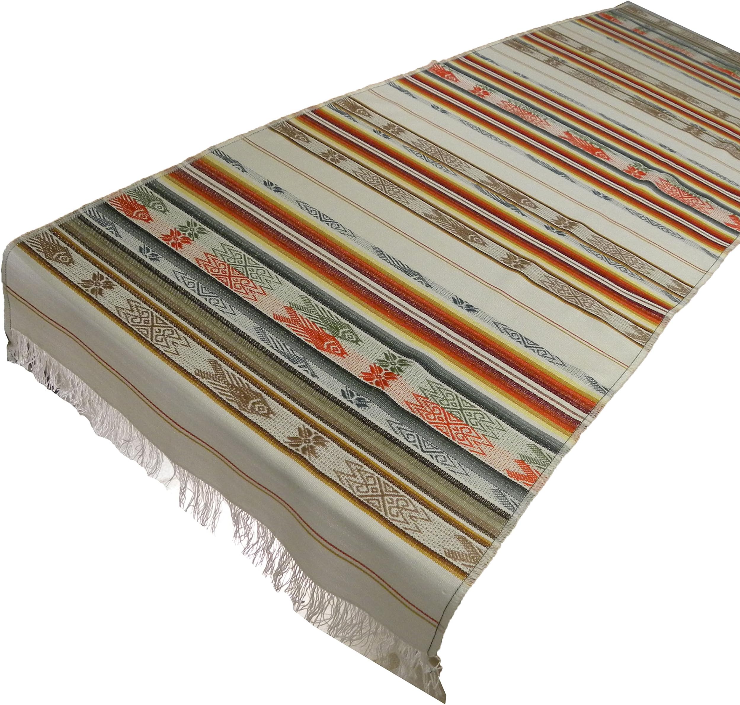 Minga Serape Hand Woven Traditional Fish Pattern Tablerunner, White