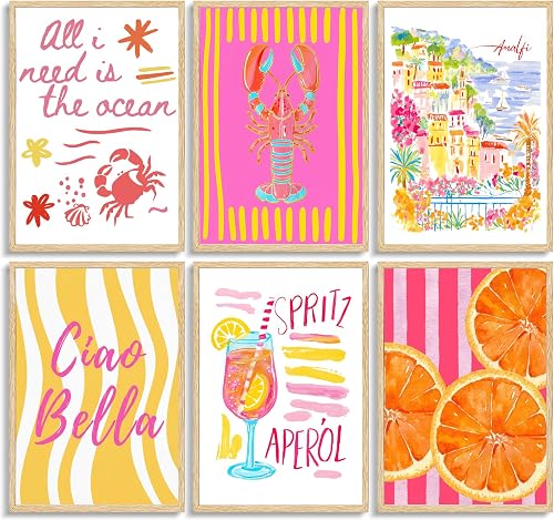 6Pcs Summer Coastal Poster Wall Art,Pink Orange Coastal Painting Picture Wall De