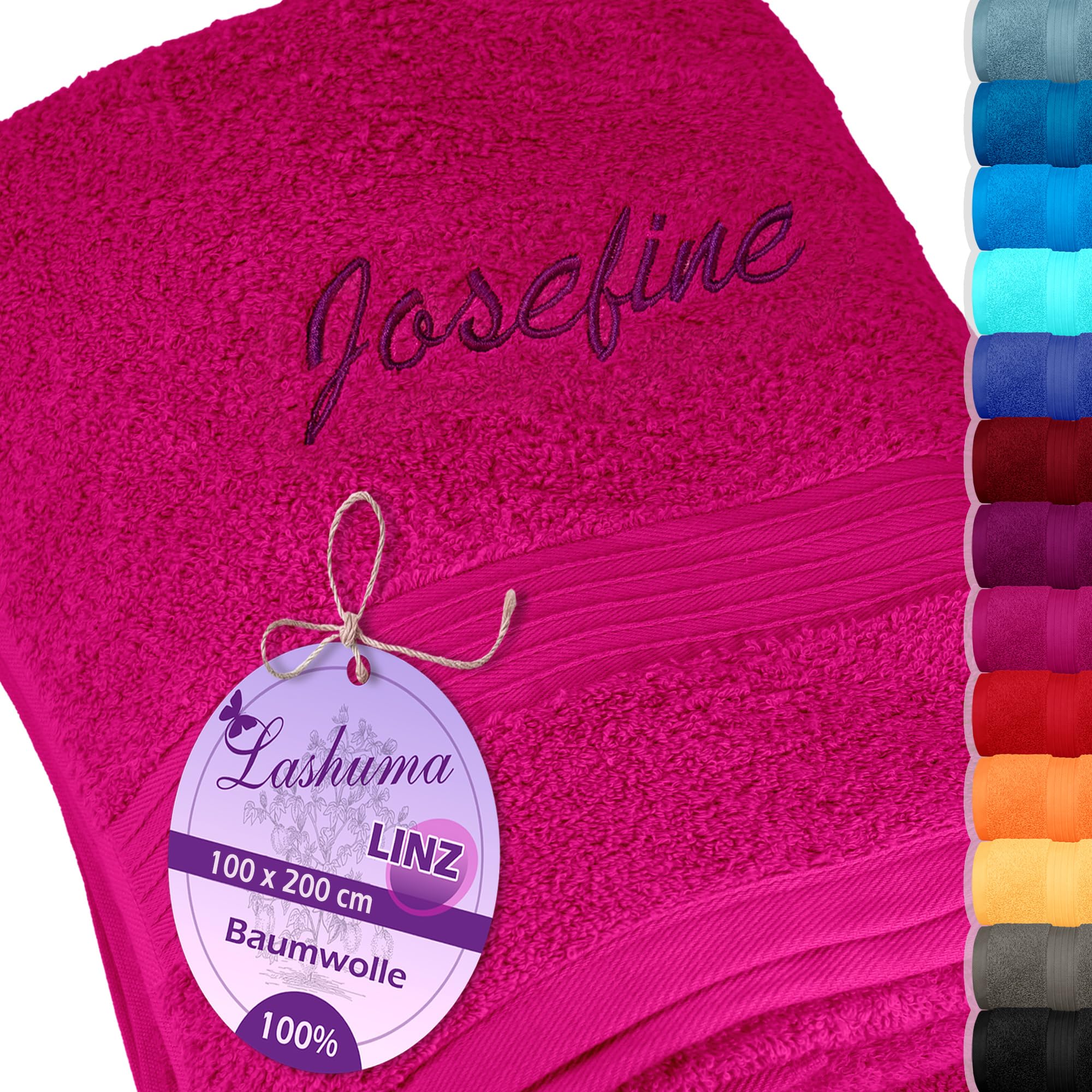 Lashuma Saunahandtuch Damen 100x200, Linz Badehandtuch mit Namen Stick, Farbe: Purpur