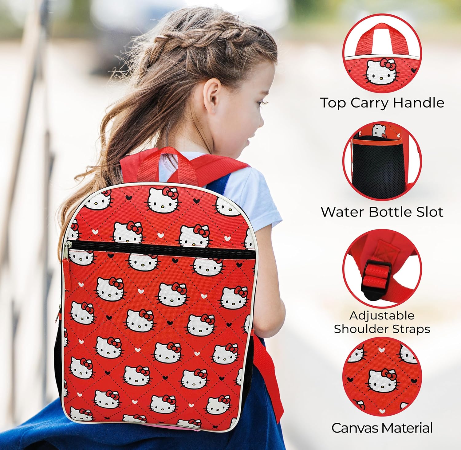 Hello Kitty Backpack for Girls 16 Inch Large School Backpack with Front Pocket, Water Bottle Holders, Adjustable Straps, Cute Red Bookbag for Kids, Back to School - Image 2