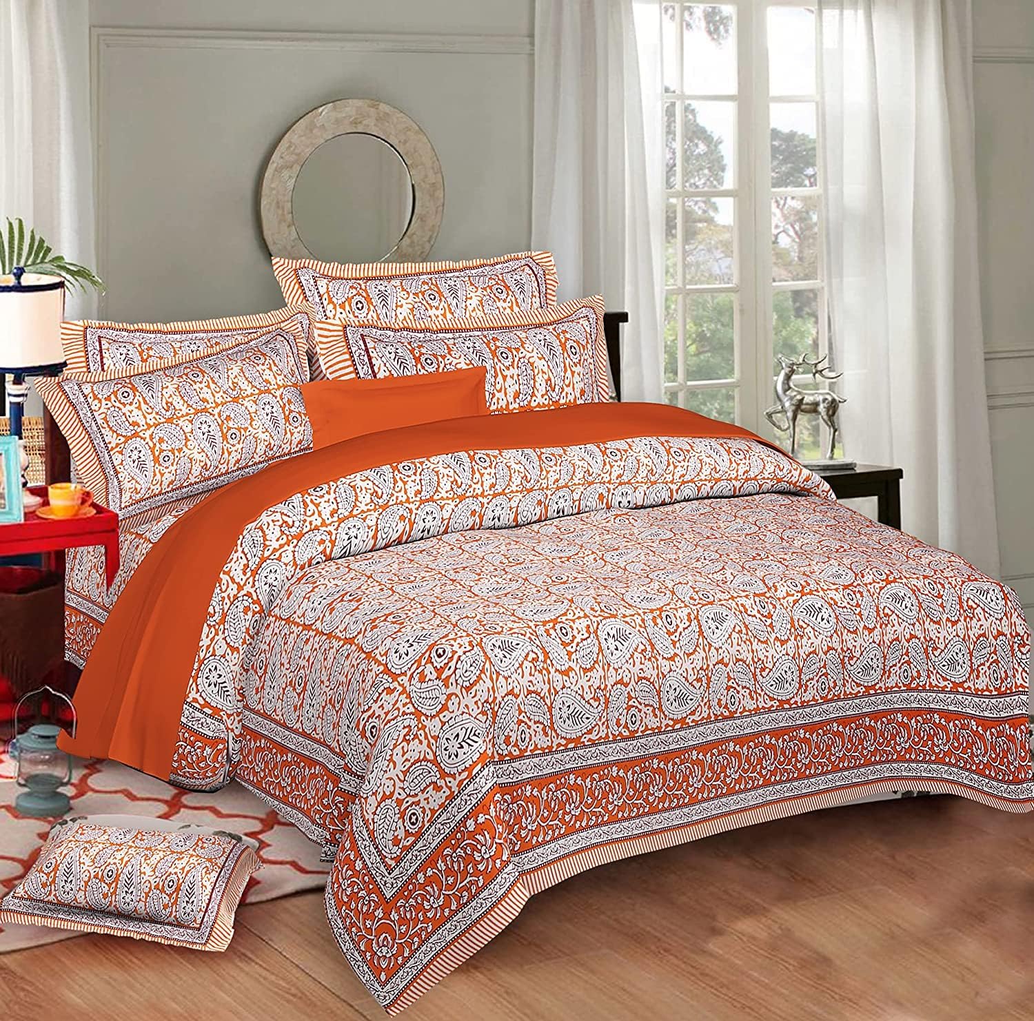 IndianCultura Blue Bedding Sheet, Best Luxury Cool 100% Cotton Sheet Set, Paisley Design Bed Sheet Set,120 Thread Count Sheet and Pillowcase 3-Piece Queen Size (Size: 90x108 inch) (Orange)