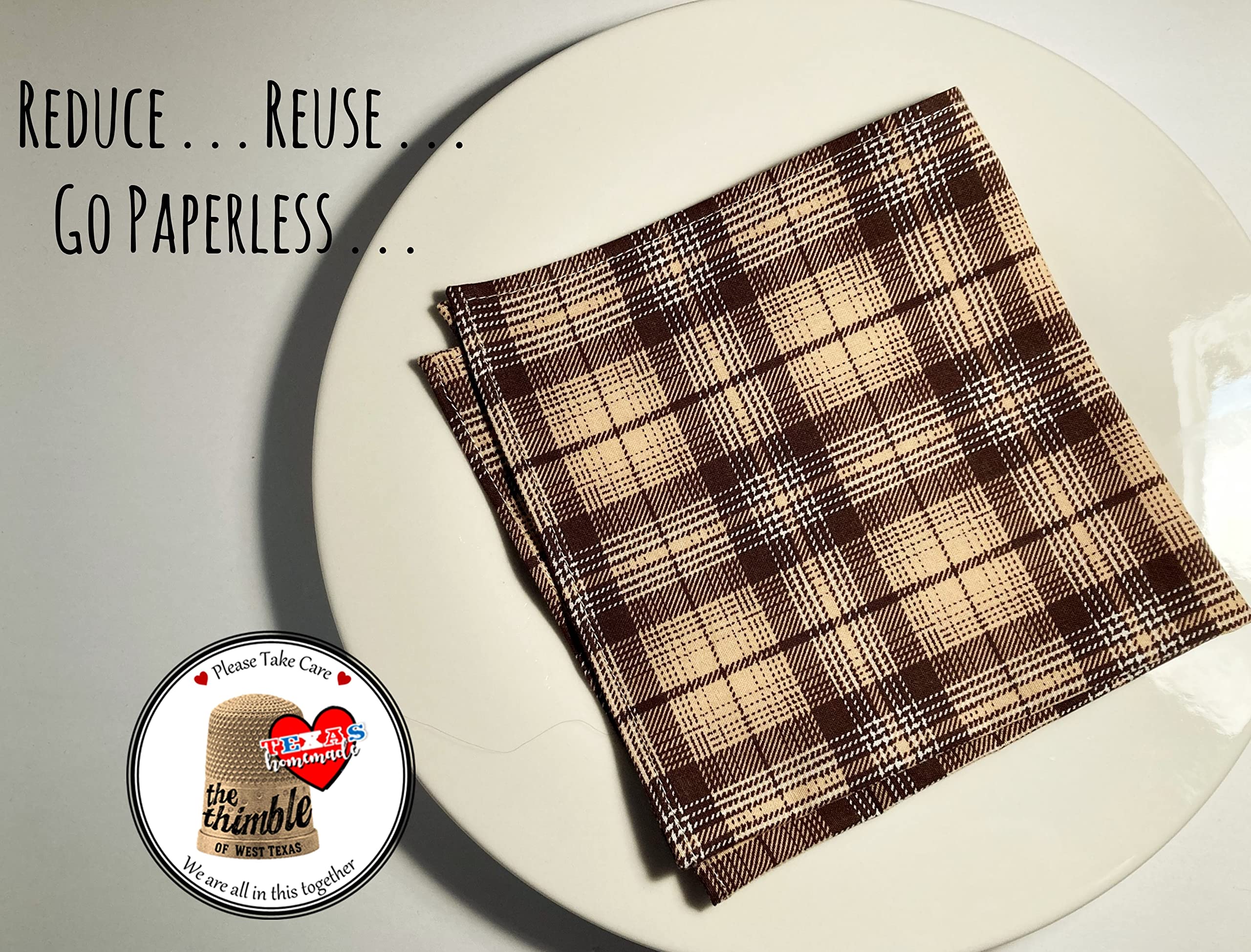 Franco - Set of Cotton Plaid Print Handkerchiefs aka Small Napkins - 12 inch Pocket Squares - Quality Soft 100% Cotton - Blrown with Beige - Homemade in Texas USA (Set of 12)