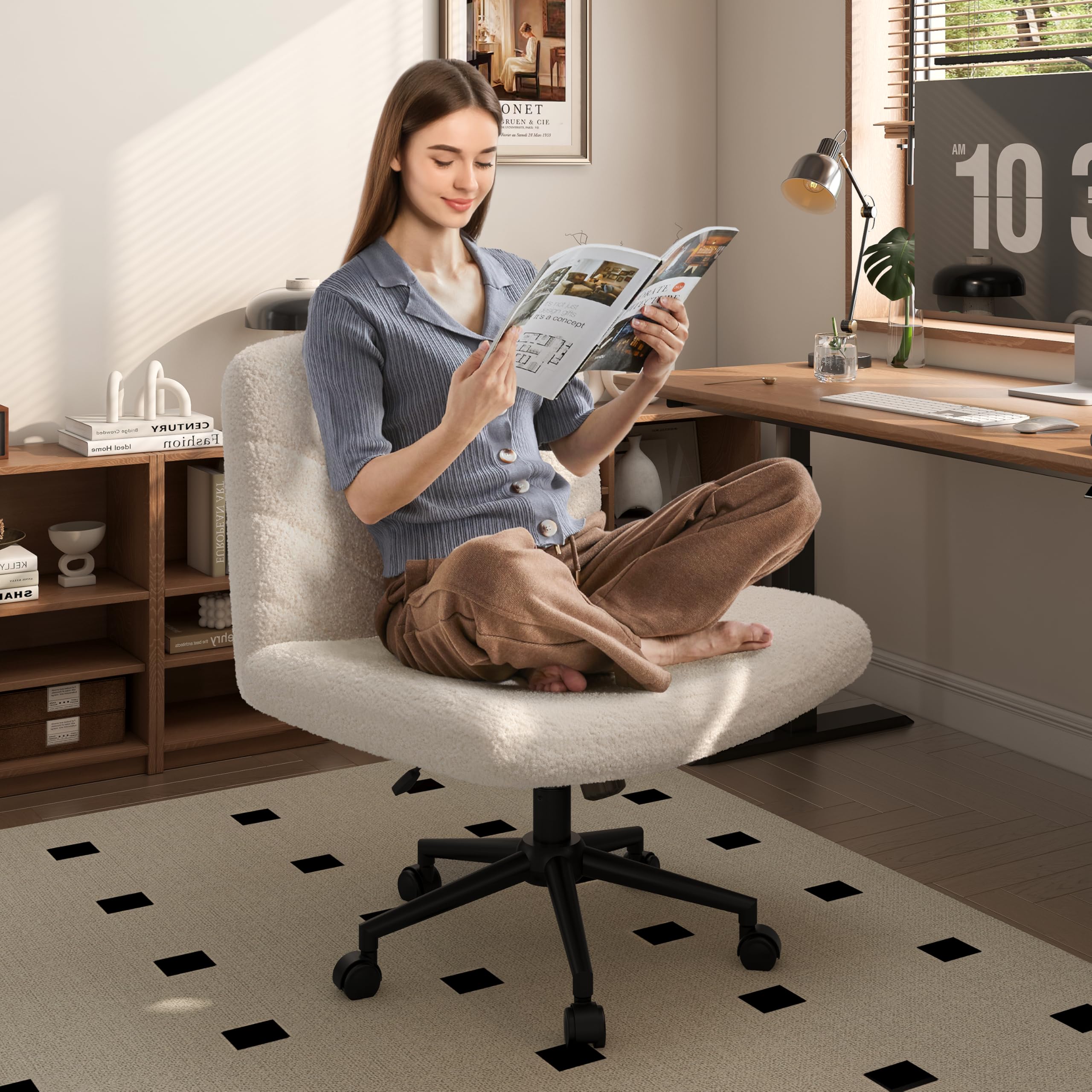 Yaheetech Silla de Oficina con Reudas, Silla Piernas Cruzadas con Función Mecedora, Ancha Sila de Escritorio para Juegos, Silla de Maquillaje sin Brazos para Casa, Marfil