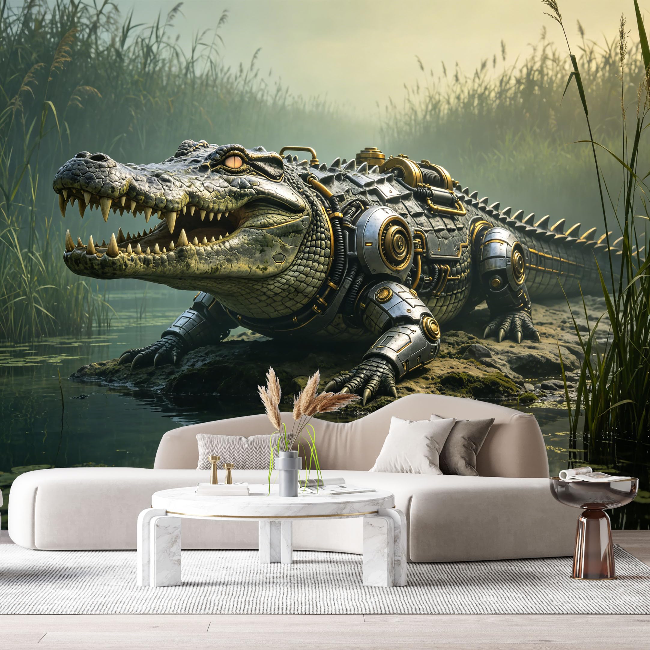 Custom Size Wall Mural Mechanical Crocodile SciFi Robot Armor Futuristic Reptile Industrial Mech Style SelfAdhesive Art Prints Removable Large Wallpaper Esports Room Game Room Studio