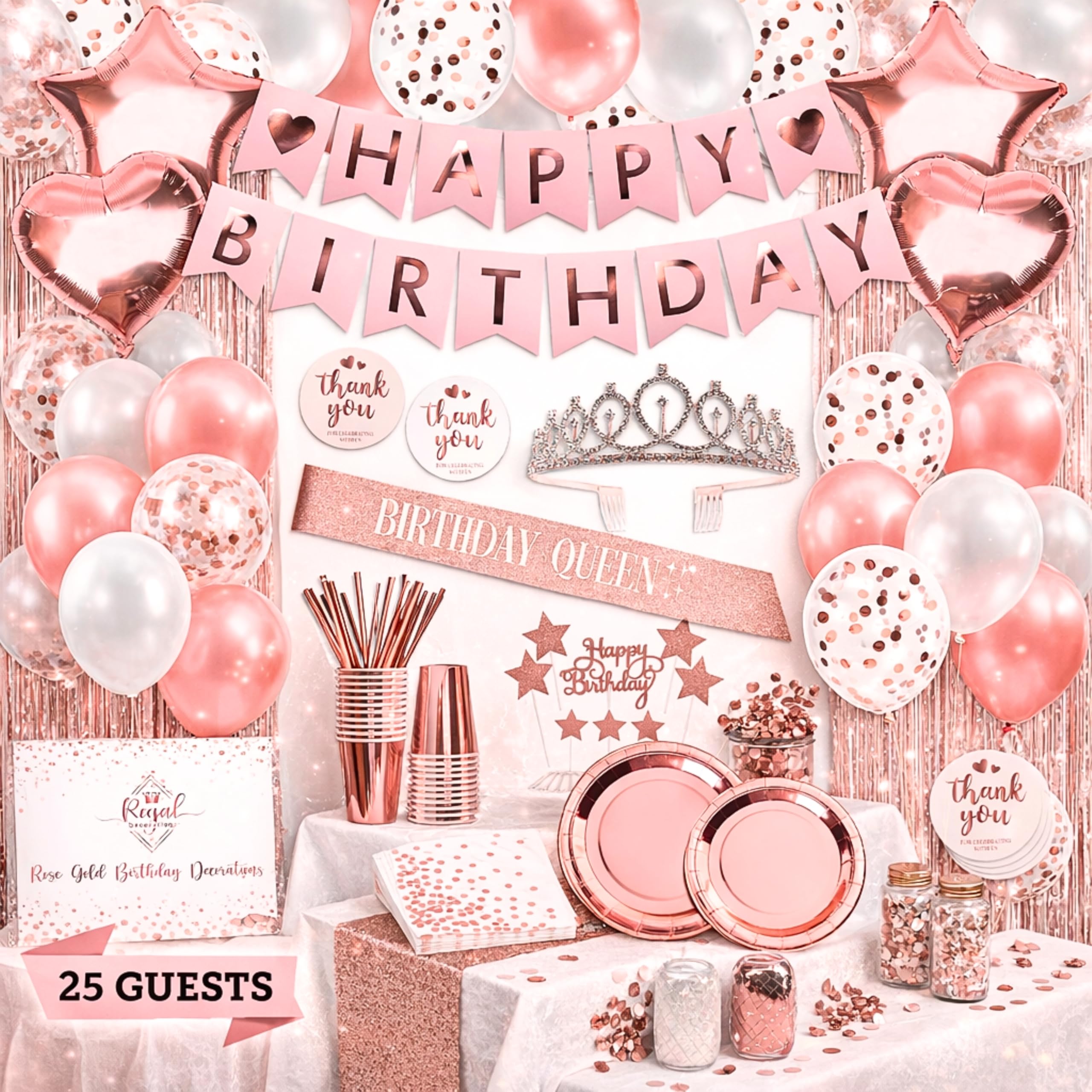 225 PC Rose Gold Birthday Party Decorations Kit for Girls, Teens, Women - Happy Birthday Banner, Curtains, Table Runner, Balloons, Sash, Tiara, Cake Topper, Plates, Cups, Napkins, Straws for 25 Guests