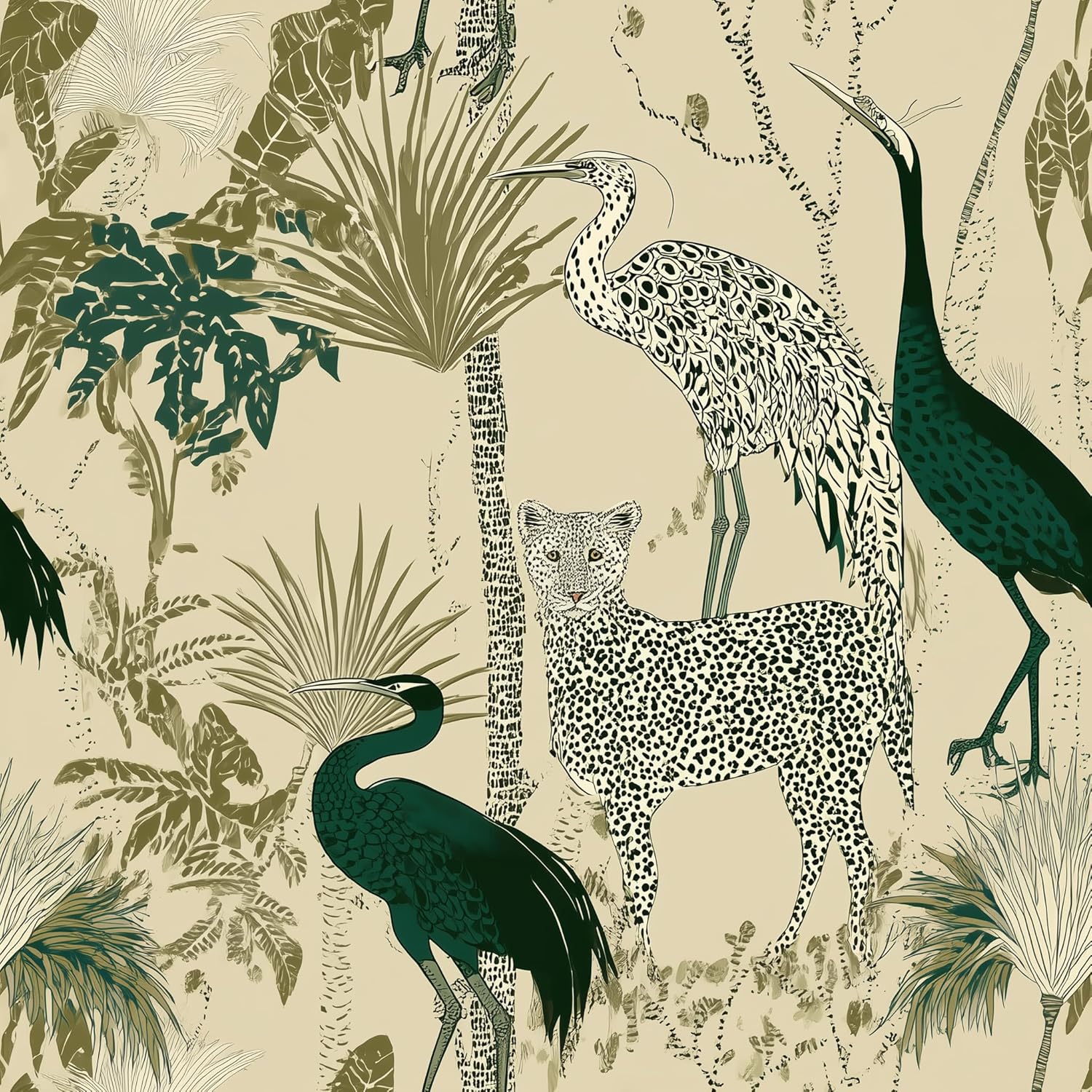 Peel and Stick Wallpaper, Leopard, Crane & Tropical Plant Pattern, Self - Adhesive Removable, PVC Contact Paper for Bedroom/Living Room/Kitchen/Bathroom/Cabinet, Renter Friendly