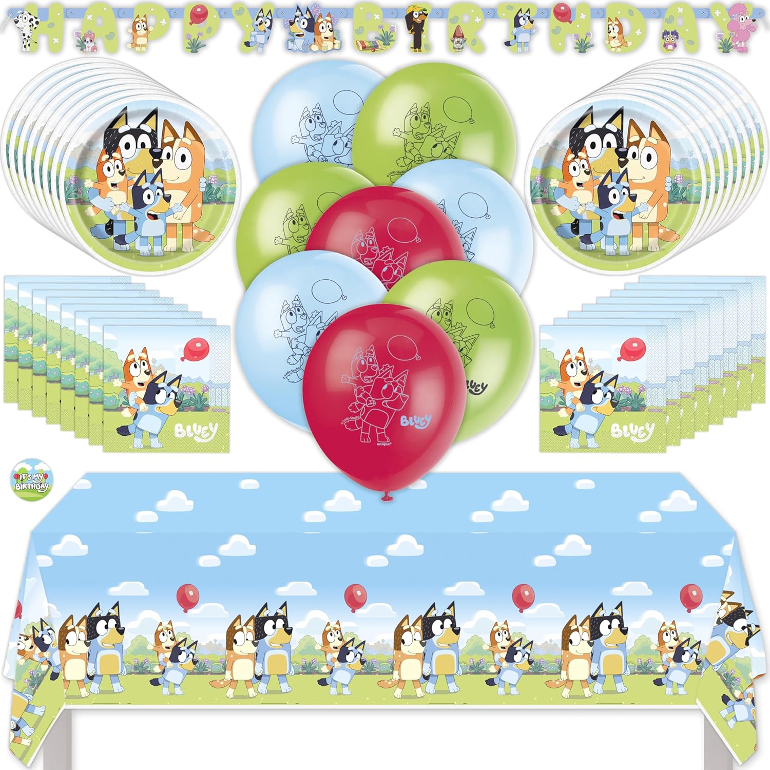 Bluey Birthday Party Supplies with Tablecloth, Plates, Napkins, Balloons, Banner, & Sticker, Bluey Party Decorations, Serves 16 Guests, Fun Set for Parties & Themed Celebrations
