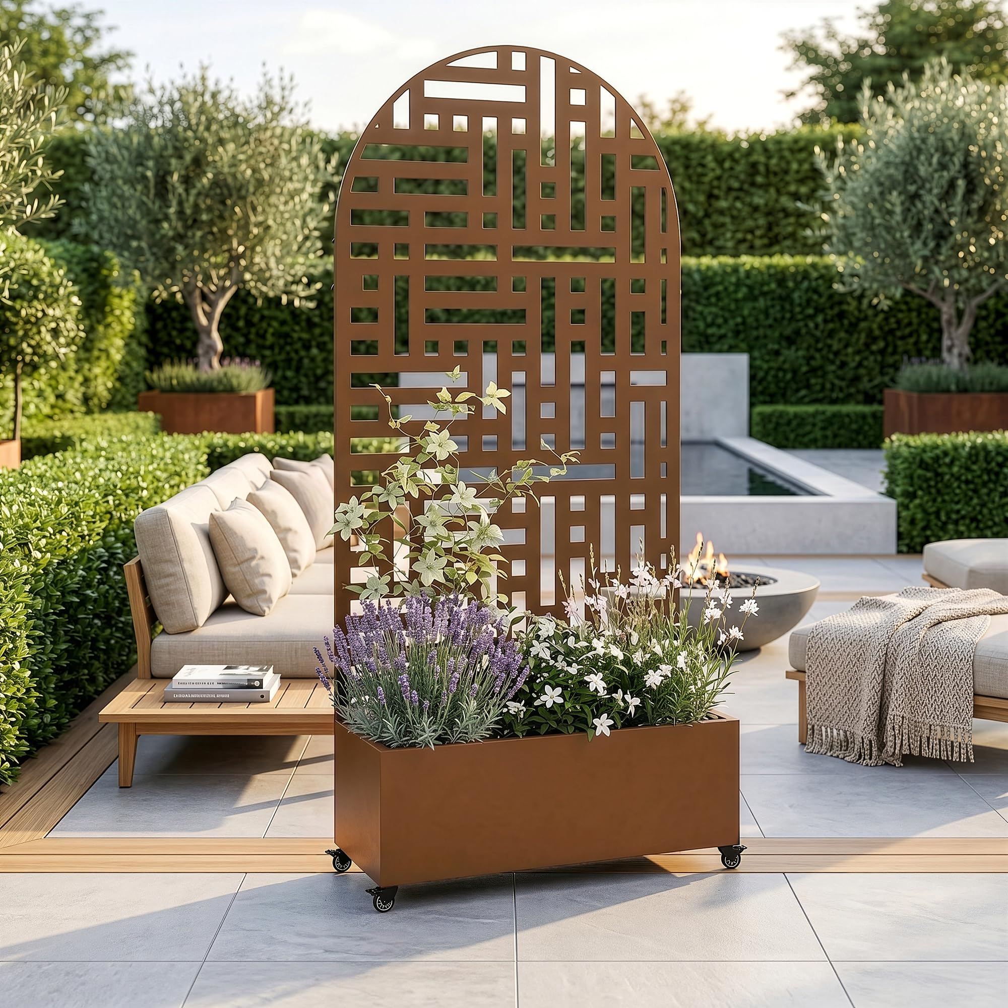 casa.pro Fioriera con Spalliera Arcuata in Acciaio 190x82x38 cm Marrone | Zincato Pannello Divisorio Decorativo Portapiante a Rotelle Separè Privacy Ruote da Interno Esterno Giardino Terrazza