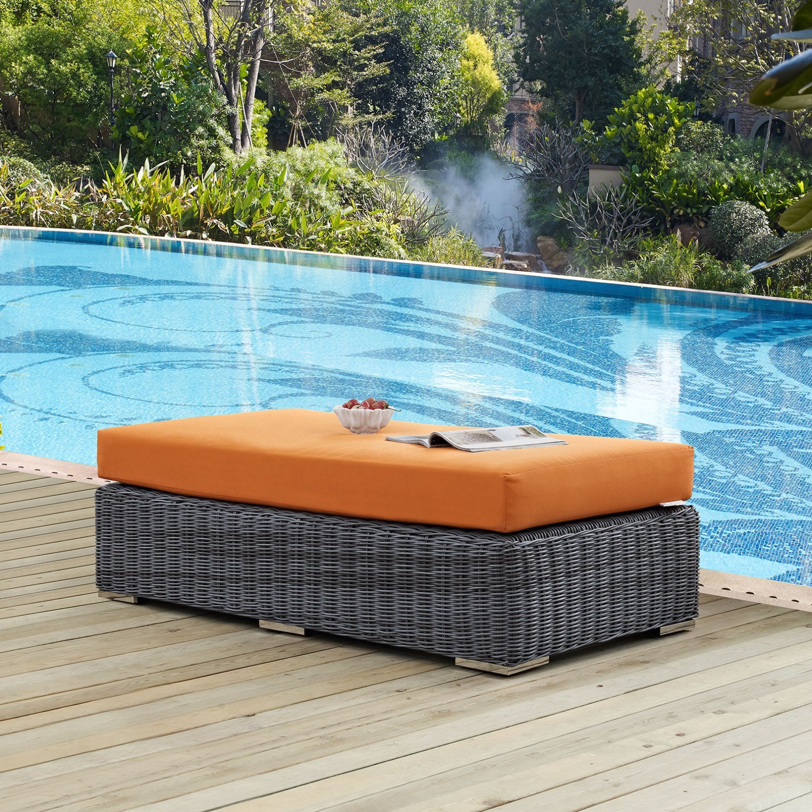 Modern Contemporary Urban Design Outdoor Patio Balcony Rectangle Ottoman, Orange, Rattan