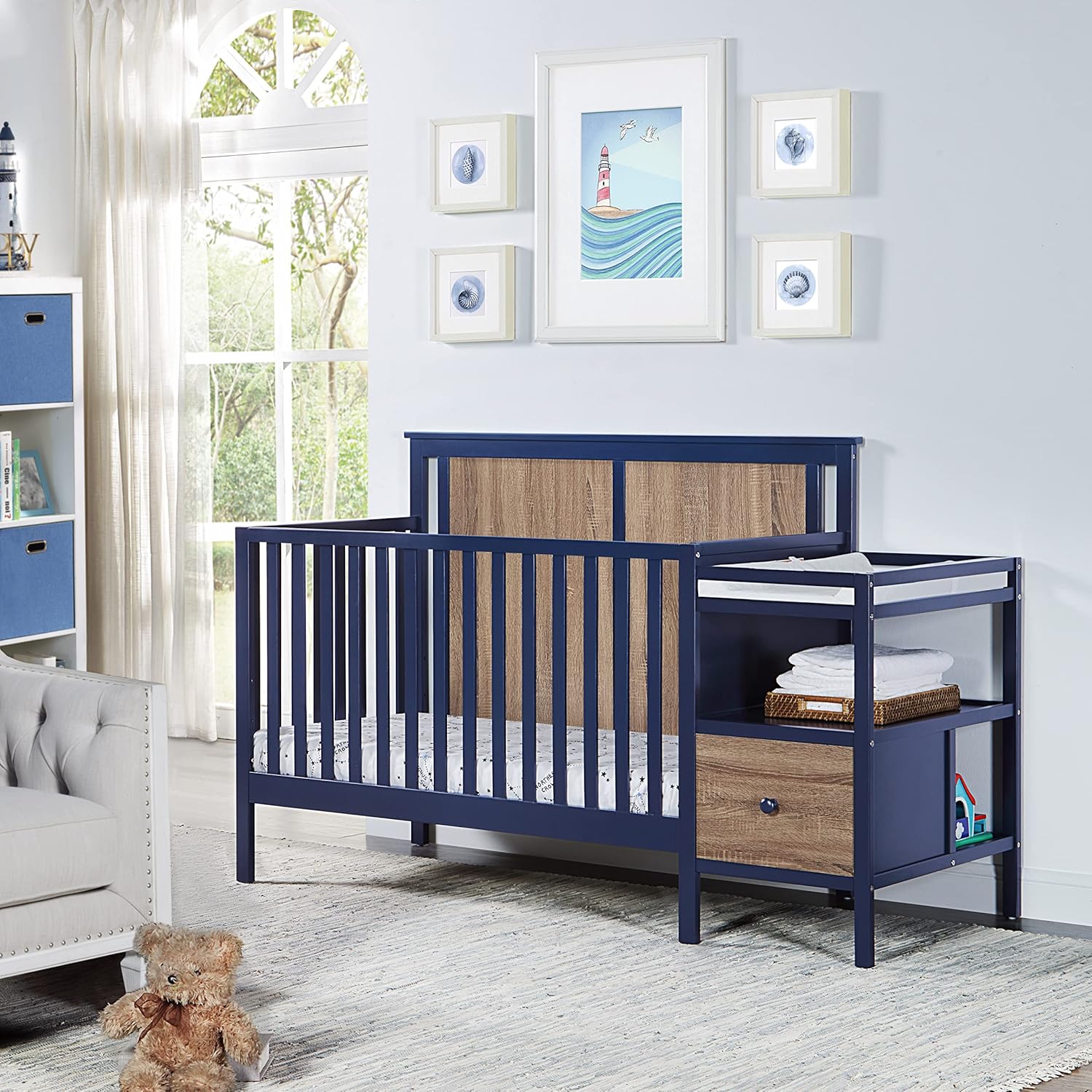 LIFE SKY 4-in-1 Baby Crib & Changer Combo: Modern Space Saver with Storage Drawers & Adjustable Height - Solid Wood & Metal Frame for Nursery Organization in Small Apartments