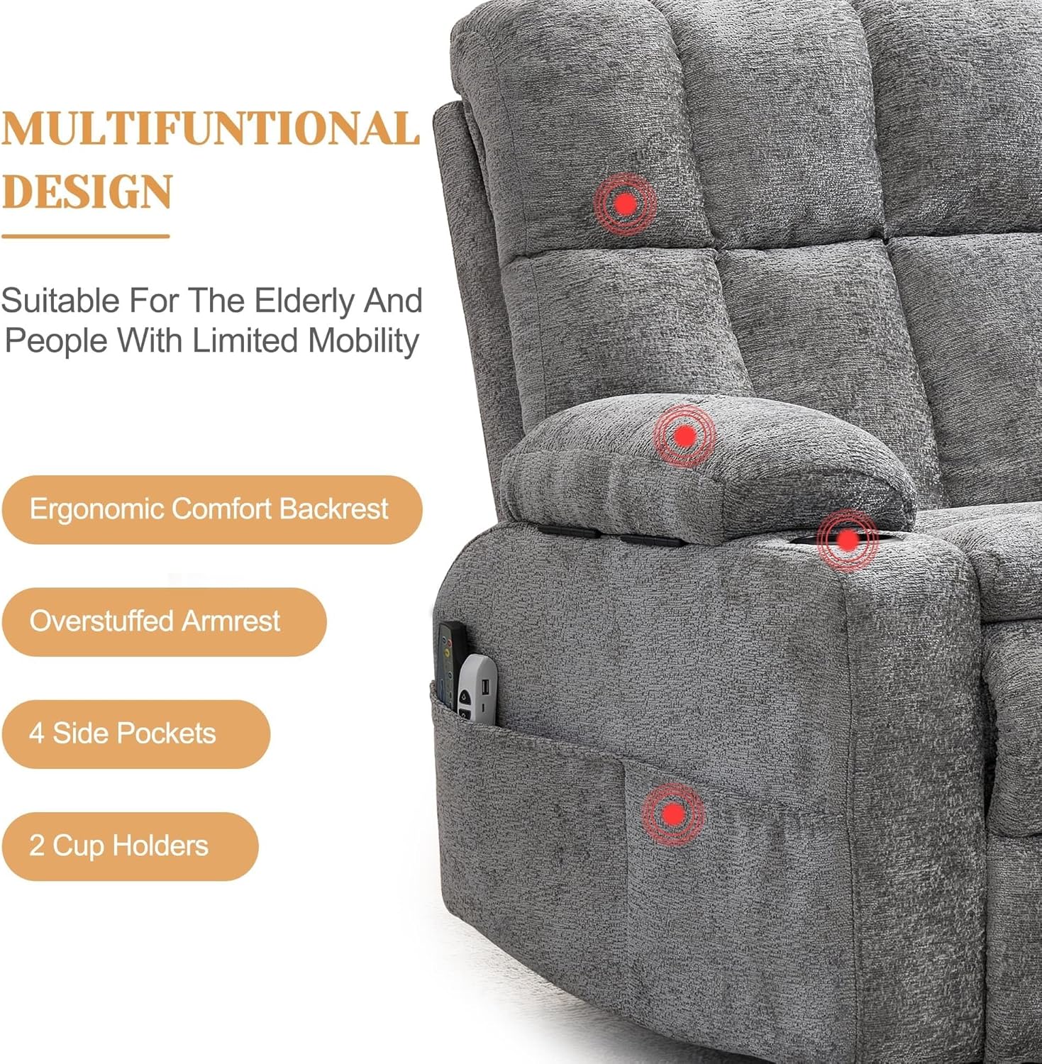 Electric Lift Chair with Storebox Cupholder for Elderly Extra Wide Recliner Chairs with Adjustable Headrest USB Ports Type C Massage and Heat Oversized Dual Motor Power Lift Recliner