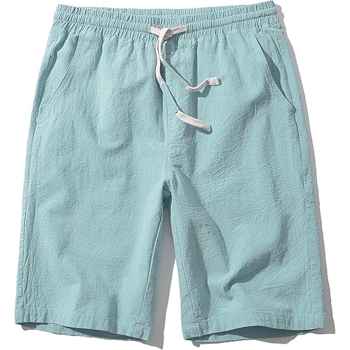 SIR7 Men's Linen Casual Classic Fit 11 Inch Inseam Elastic Waist Shorts with Drawstring