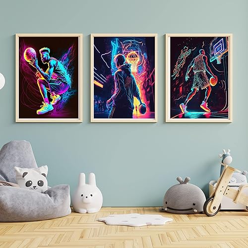 Miniatura 3 de HTTG Póster de baloncesto - Juego de 4 luces de neón (8 x 10 pulgadas) sin marco, arte de pared deportivo superestrella para decoración de paredes,