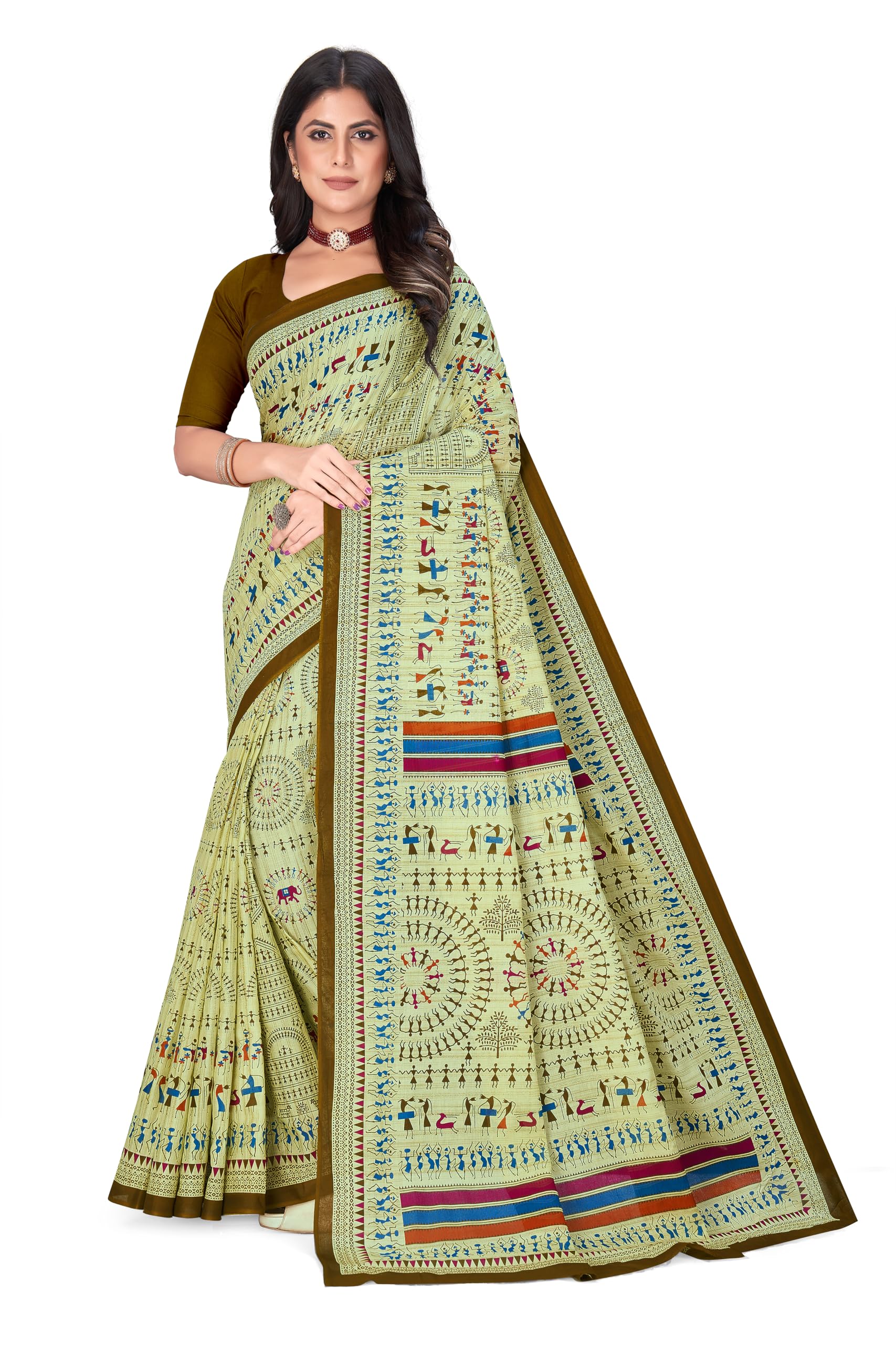 Tamaira Fashion Women's Warli Printed Pure Cotton Mulmul Saree Without Blouse Piece(2509_Green)