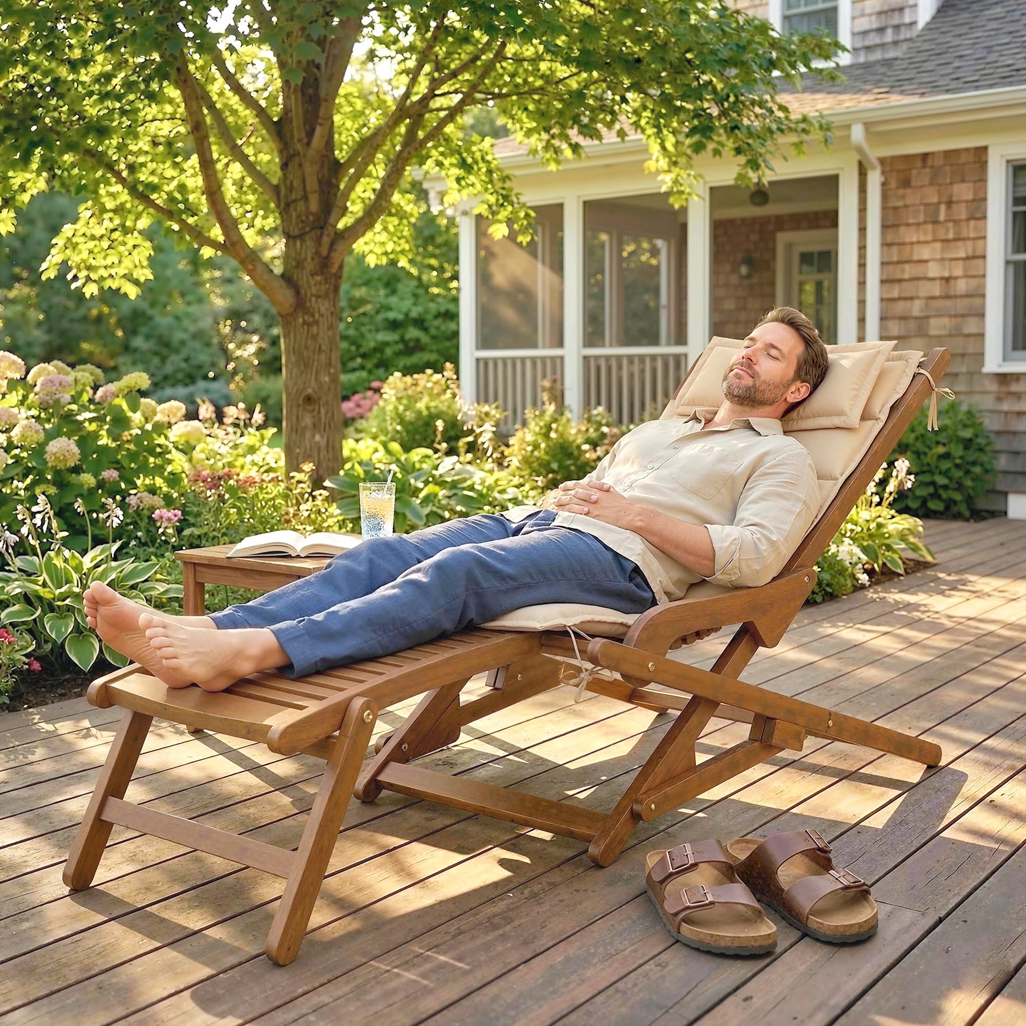 Outsunny Tumbona Silla Plegable de Madera de Acacia 158x61x70 cm Beige | Silla de Jardín Exterior, Reposapiés Desmontable, Cojín con Reposacabezas, Carga 160 kg, para Terraza, Patio, Playa
