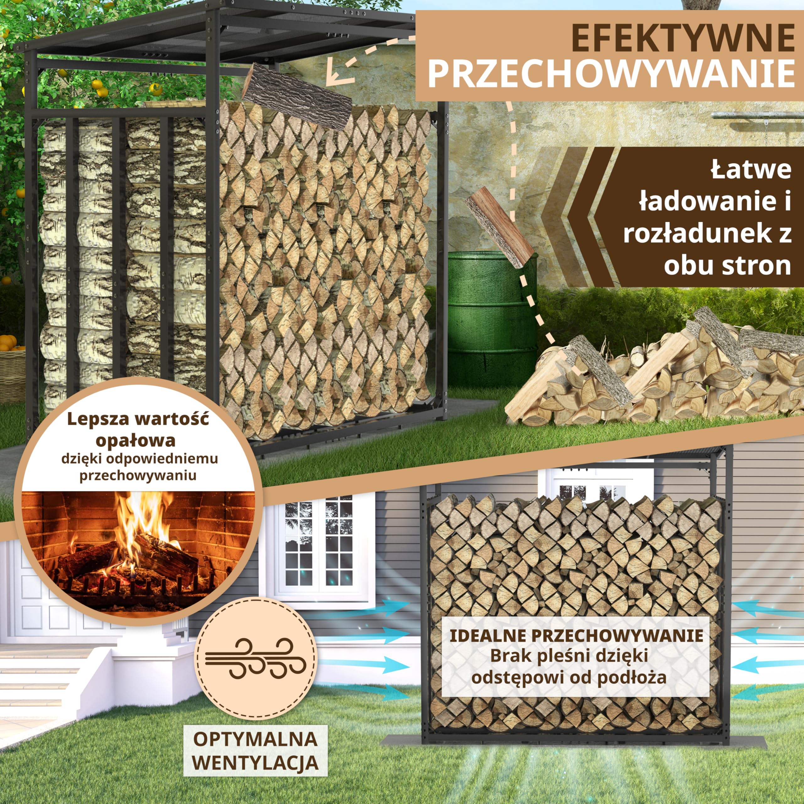 Metalowy regał na drewno opałowe, wymiary zewnętrzne 185 x 105 x 185 cm, ocynkowany 4 x 4 cm, przekrój 3,5 t, z dachem, stabilny drewniany stojak na drewno opałowe, regał