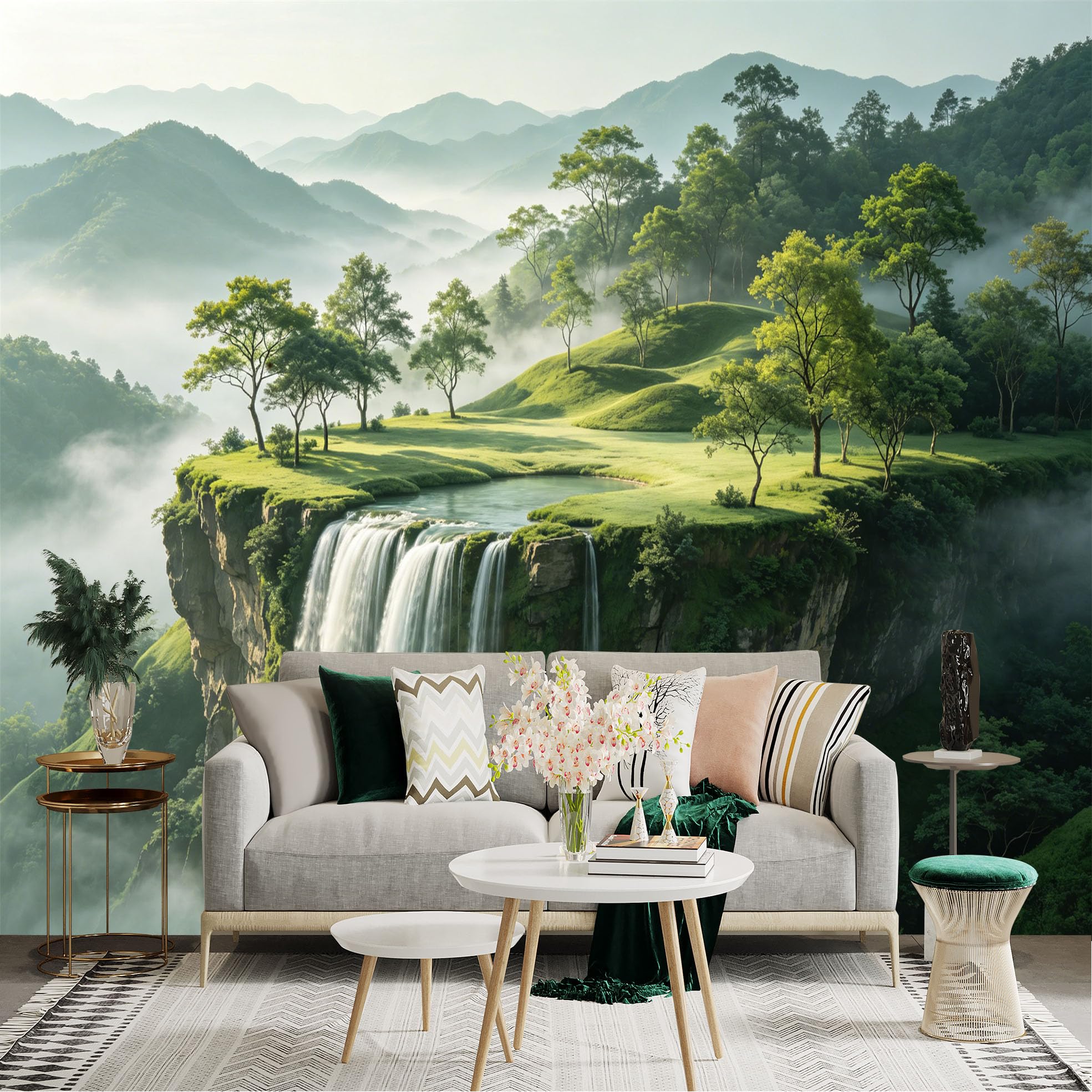 Lnzczhyre Dbh260521617 Custom Size Wall Sticker Mural， Scenic Waterfall On Misty Mountain Cliff， Lush Green Meadow， Nature Landscape， Serene Forest View， For Wall Decoration， Peelandstick Wall Decals.