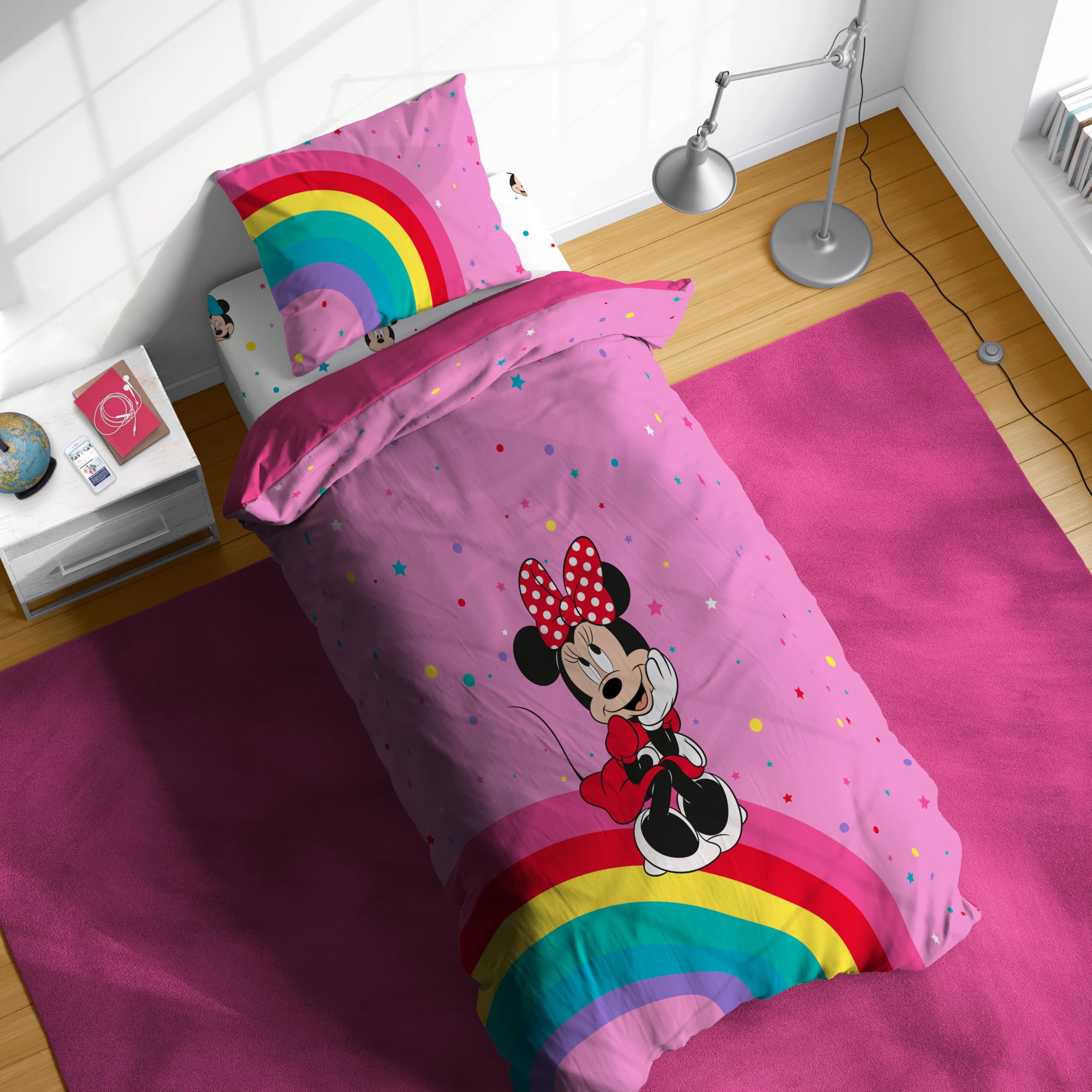 Jay Franco Disney Minnie Mouse Rainbow, 100 % algodón, juego de cama individual, funda nórdica, sábana bajera ajustable y funda de almohada