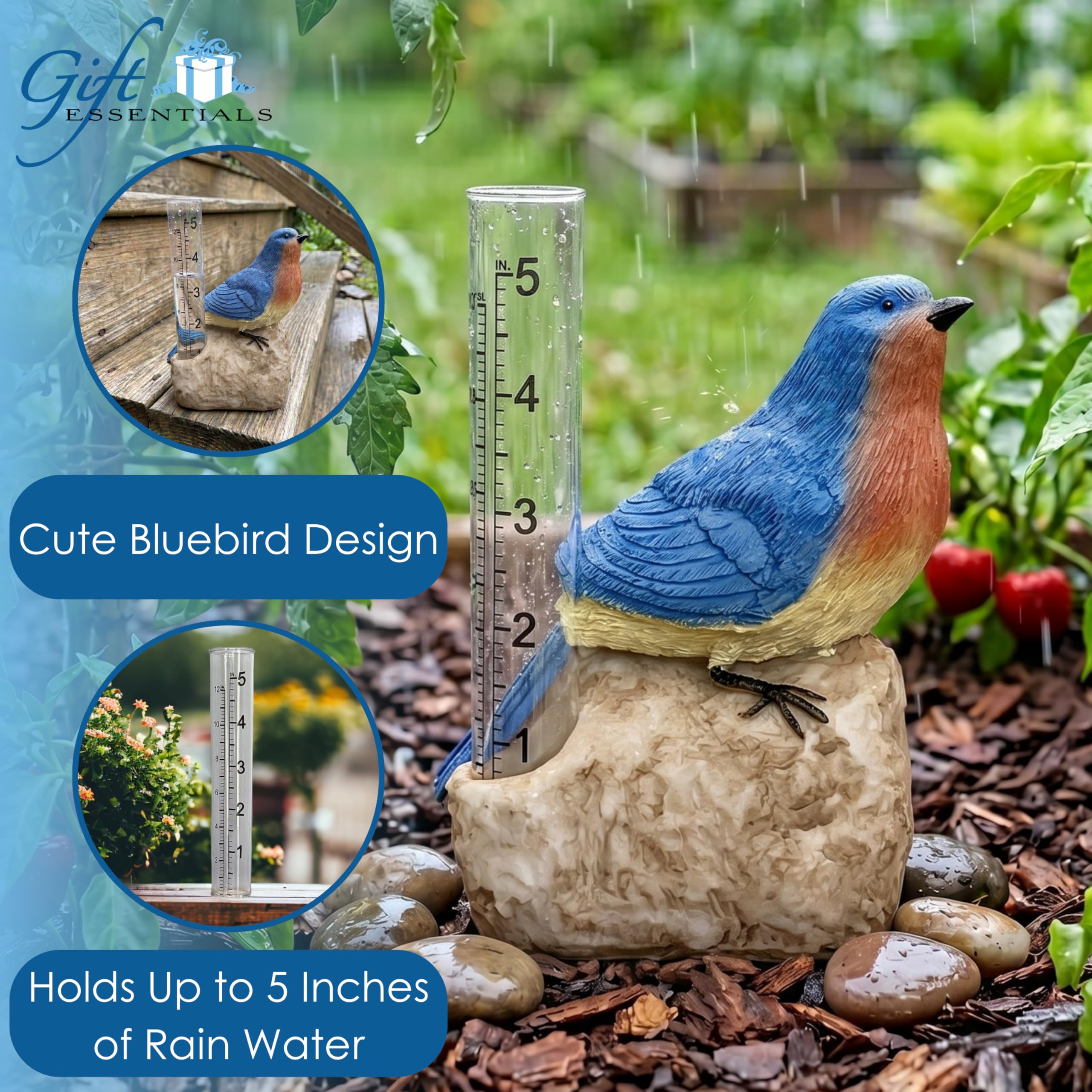 Gift Essentials Bluebird, pluviometro decorativo, in resina, per giardino, tubo di plastica, può contenere fino a 12,7 cm di acqua piovana