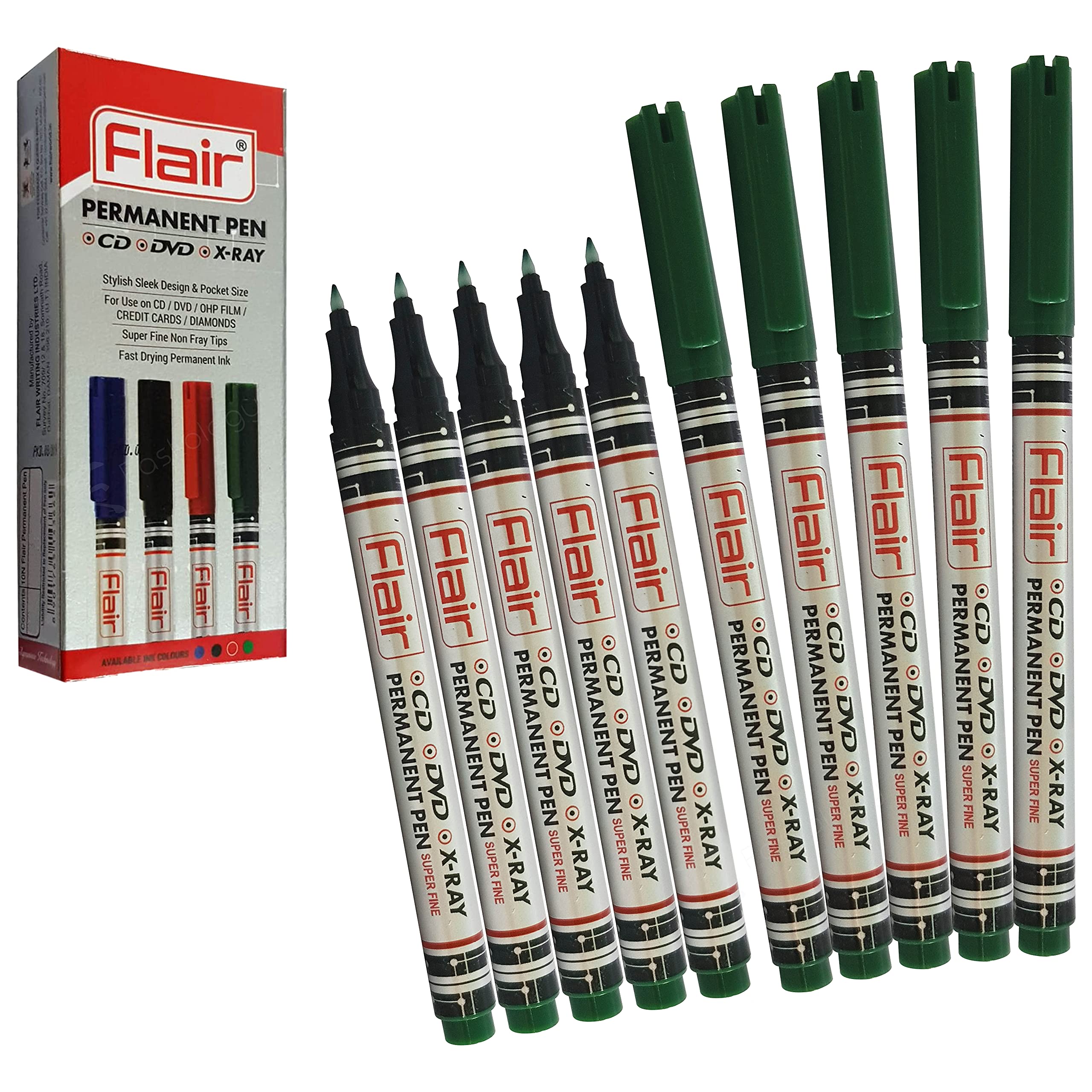 FLAIR SuperX Permanent Markers, Extra Fine, GREEN, Pack of 10, CD-DVD-OHP Smooth Surface Markers, 1 x PATEL Black Ball Pen