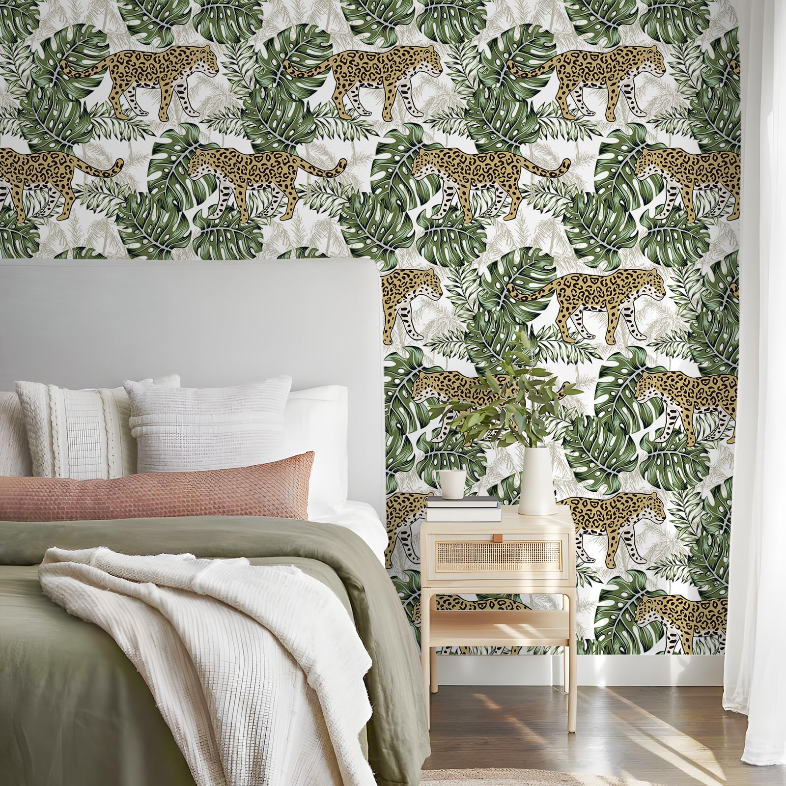 VEELIKE Exotic Tropical Wallpaper Jungle Cheetah Wallpaper Peel and Stick White Leopard Wall Paper for Bedroom Bathroom 44.5cmx300cm Monstera Leaf Contact Paper Removable Renter Friendly - Image 4