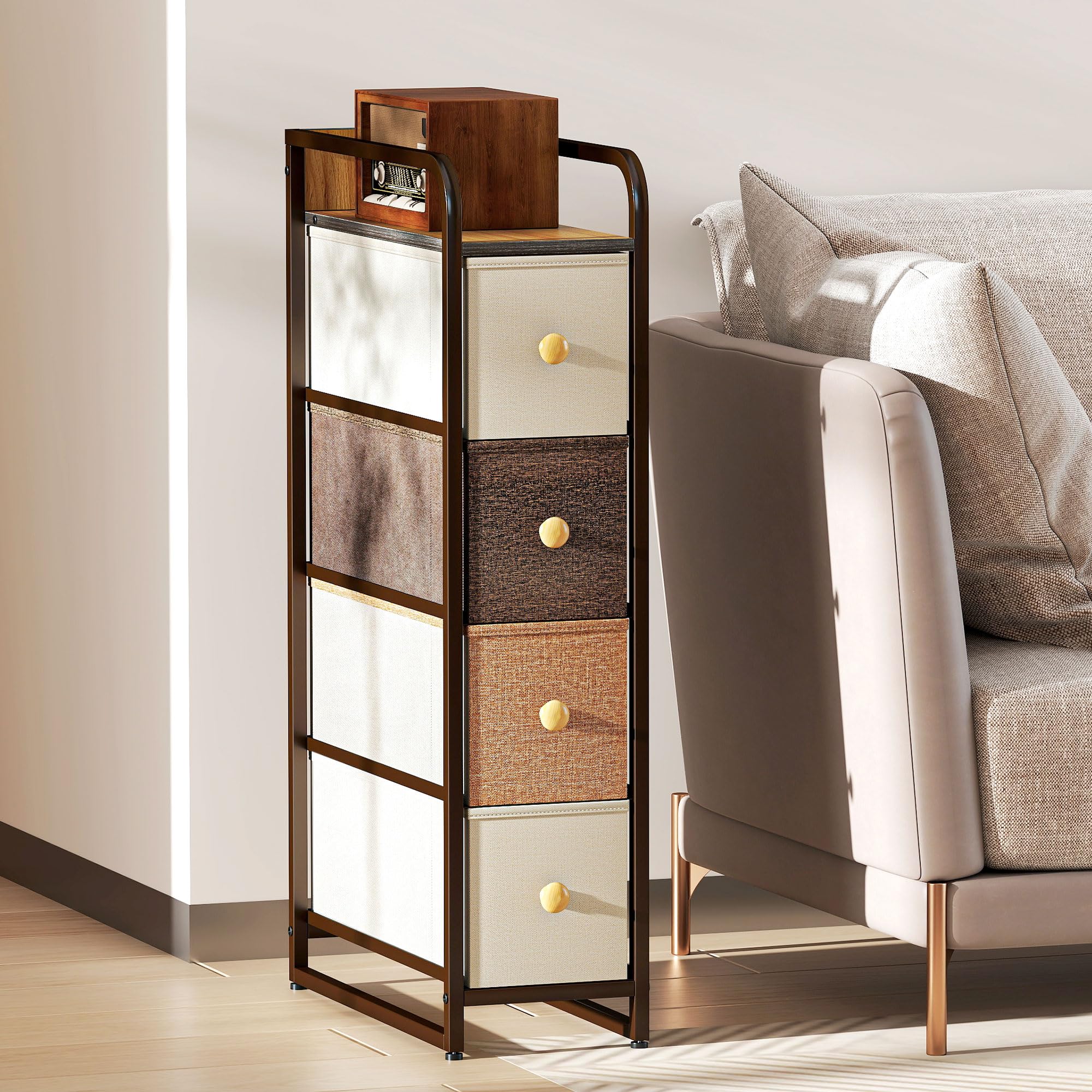 HOMCOM Cassettiera in Tessuto Slim Salvaspazio 20x47x84.5 cm Multicolore | 4 Cassetti Pieghevoli, Mobile con Cassetti Compatto in Acciaio, Camera da Letto Bagno Soggiorno