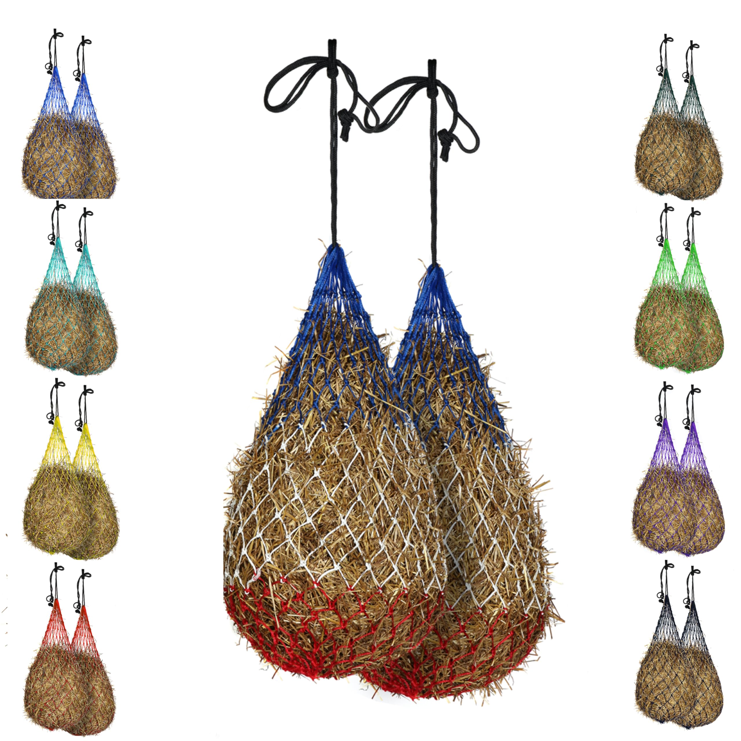 Majestic Ally Horse Slow Eating Hay Net 56" Strong Soft Mess with 3" x 3" Holes Nylon Rope Simulates Grazing Reduces Waste (Patriotic)