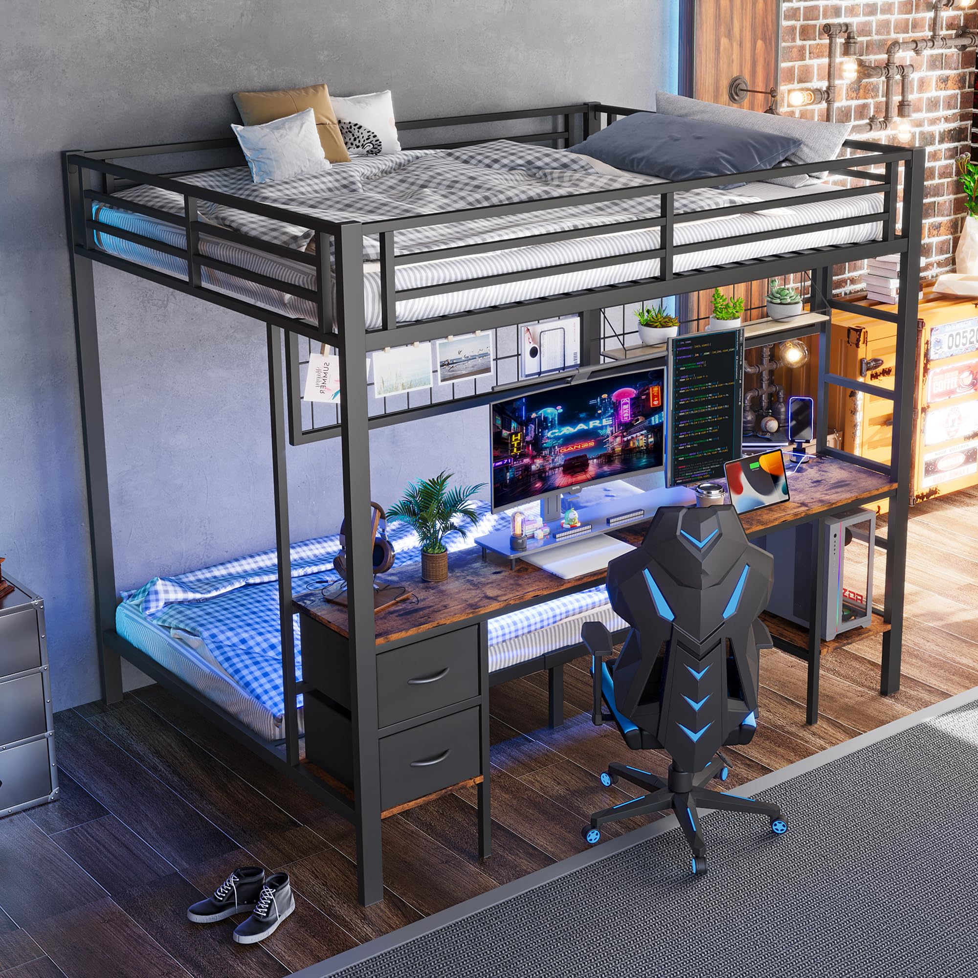 Letto a soppalco, telaio in ferro, cassetti, ripiani per oggetti, griglia per appendere oggetti, scrivania, con striscia LED a 7 colori, porta USB, senza materasso (nero, 140 x 200 cm)