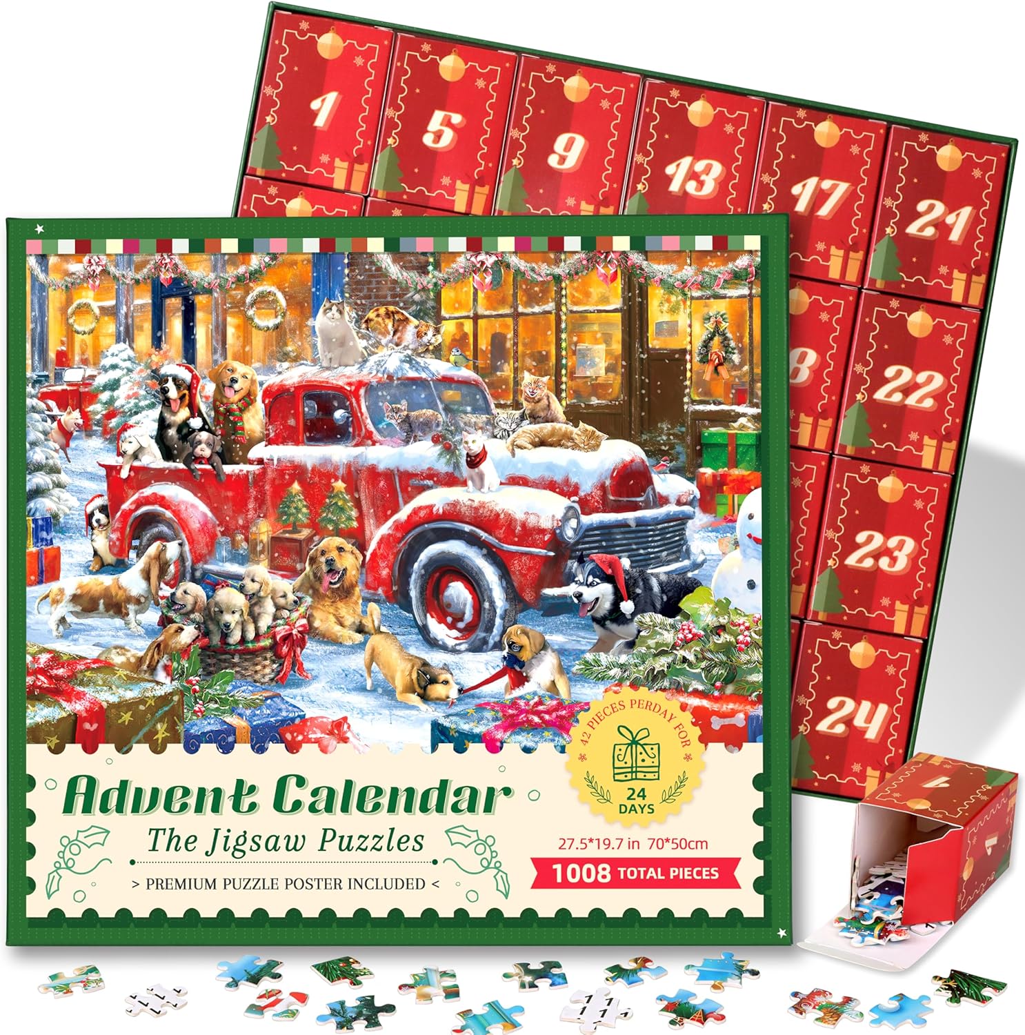 Advent Calendar 2024 Jigsaw Puzzles 1008 Pieces, 24 Days Christmas Calendar Countdown Advent Puzzle, Holiday Christmas Gifts for Kids Teens Adults - Christmas Dogs