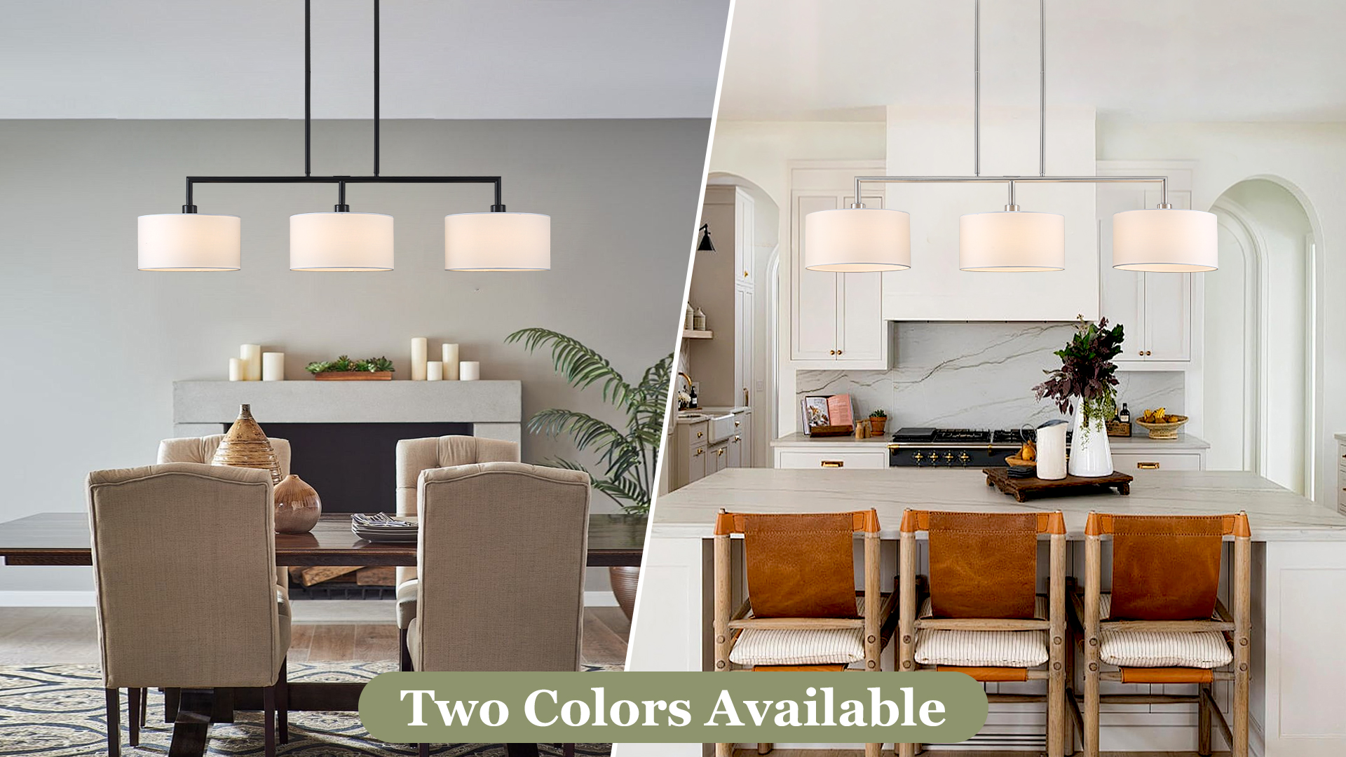 Image of 47 inch Linear Kitchen Island Lighting 3-Light Brushed Nickel Chandelier with White Fabric Drum Shade Adjustable Hanging Pendant Light for Dining Room Light Fixtures Over Table,Kitchen,Bar,Living Room,E26