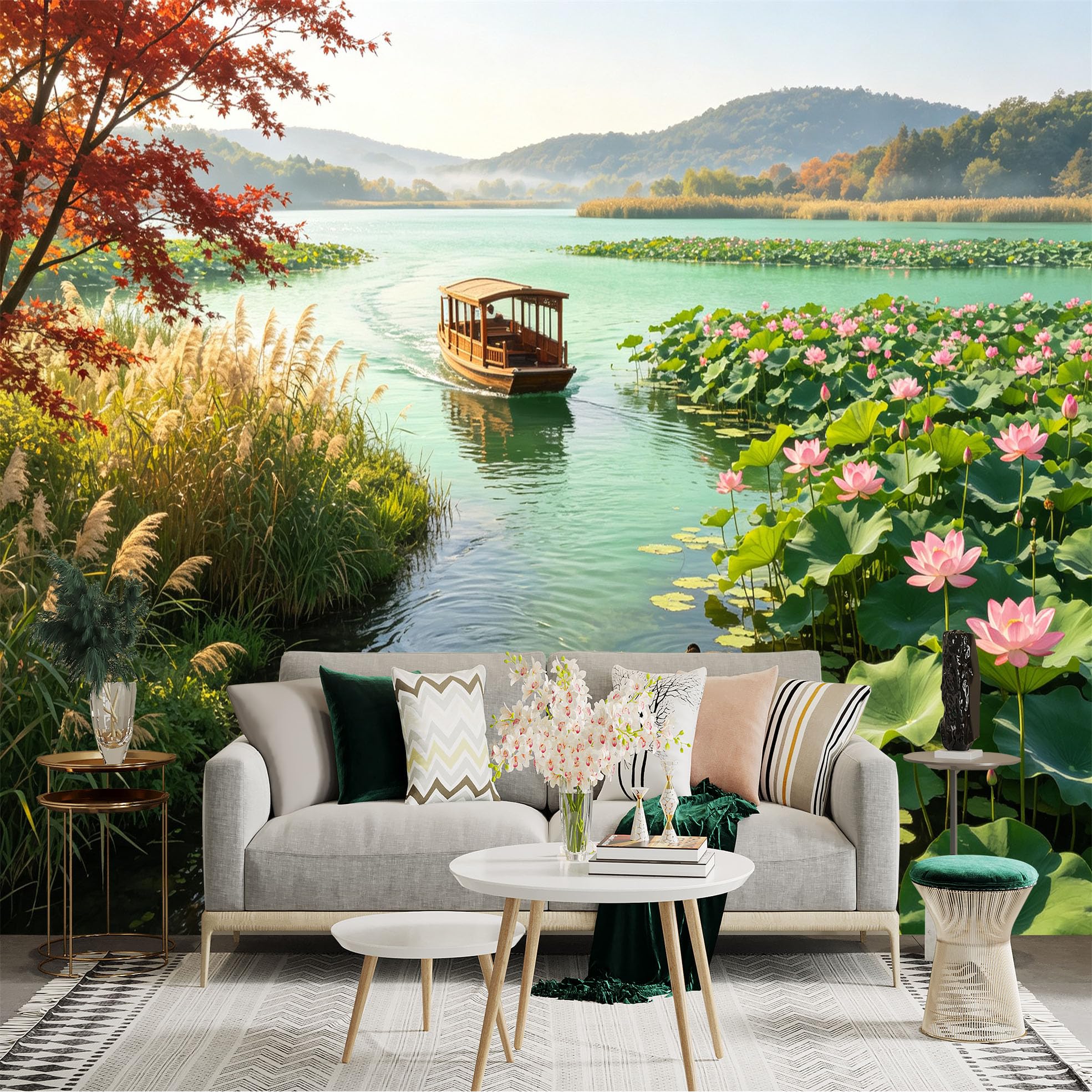 Custom Size Wall Sticker Mural， Scenic Lake with Wooden Boat， Blooming Lotus Flowers and Ducks， Peaceful Nature Landscape， for wall Decoration， peelandstick wall Decals.