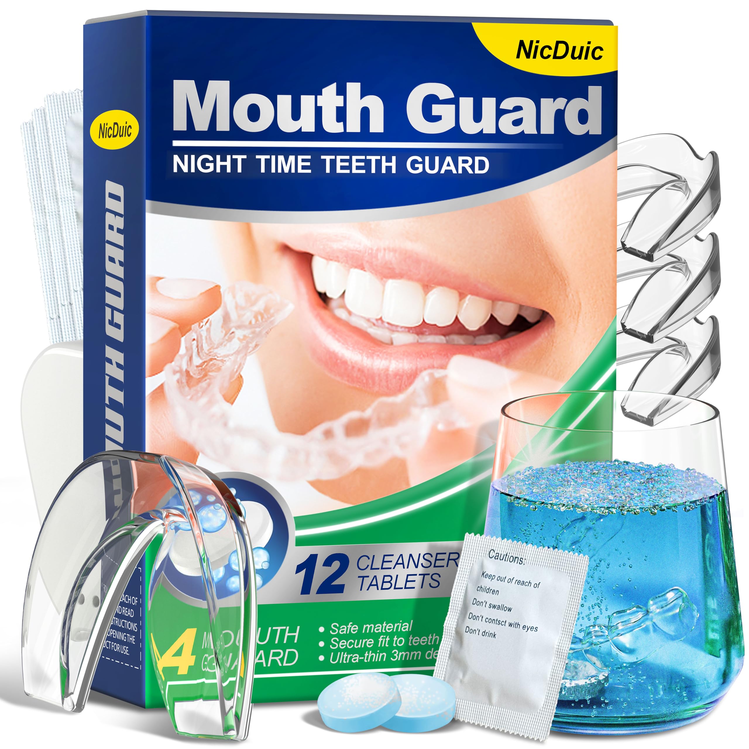 Mouth Guard for Grinding Teeth at Night with 12 Cleaning Tablets, Moldable Mouthguards for Grinding of Teeth, Professional Night Guards for Teeth Grinding, Mouth Guard for Sleeping 1 Size/ 4 Pcs.