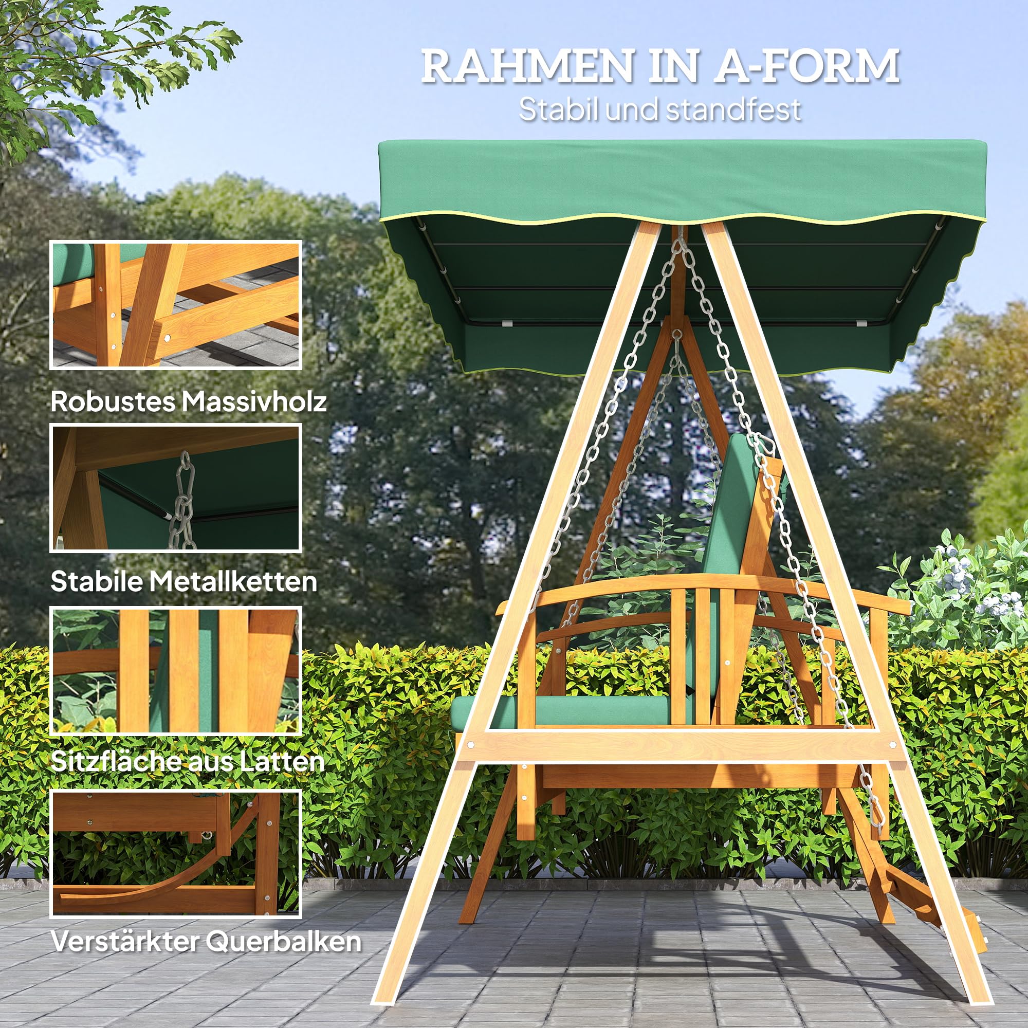 Outsunny Columpio de jardín 2 en 1 con función reclinable, columpio de madera de 3 plazas, columpio de madera con cubierta solar, banco balancín hasta 330 kg, para jardín, terraza, 236 x 130 x 181 cm