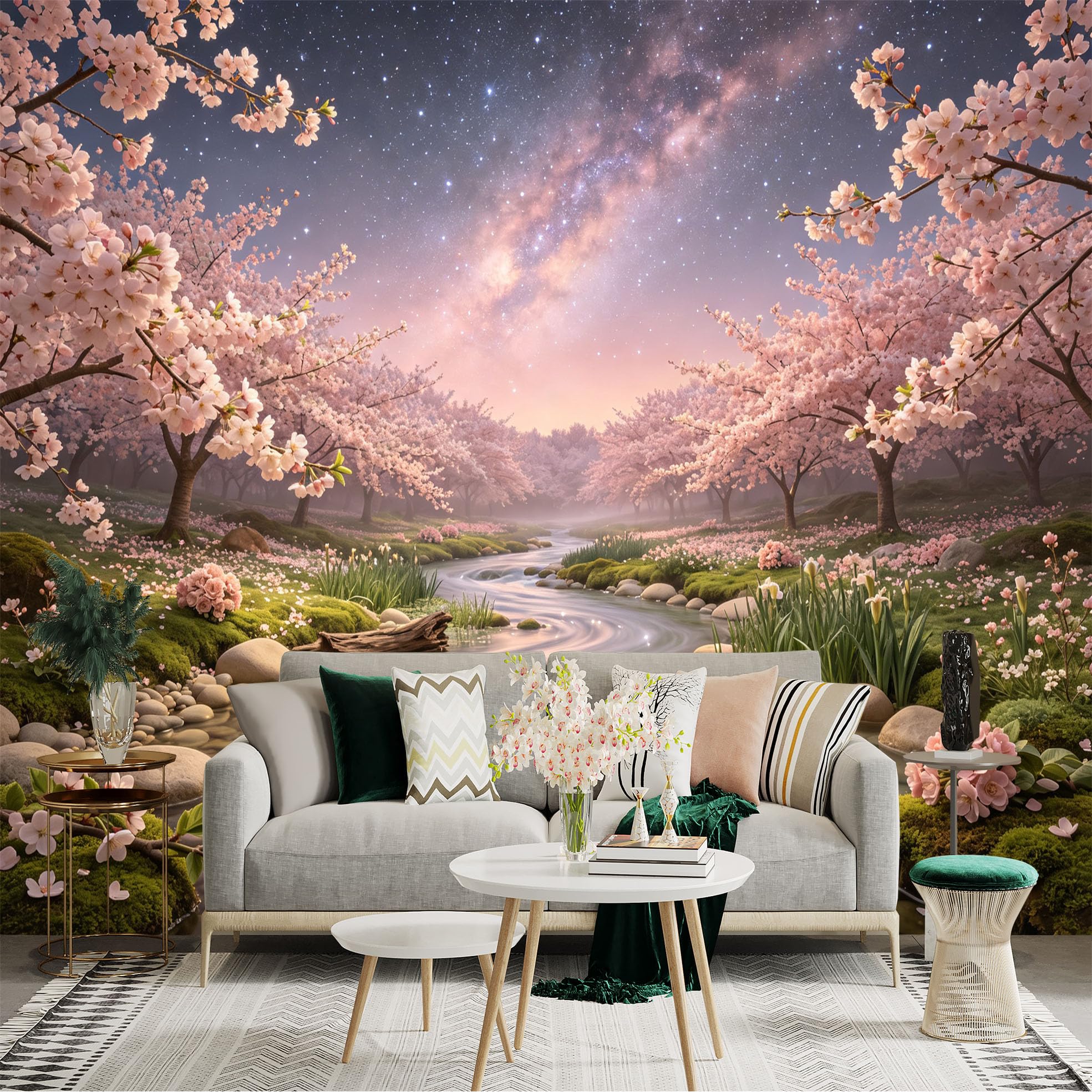 Lnzczhyre Bh260719483 Custom Size Wall Sticker Mural， Pink Cherry Blossoms， Serene Flowing Stream， Dreamy Night Galaxy， Peaceful Spring Garden， For Wall Decoration， Peelandstick Wall Decals.
