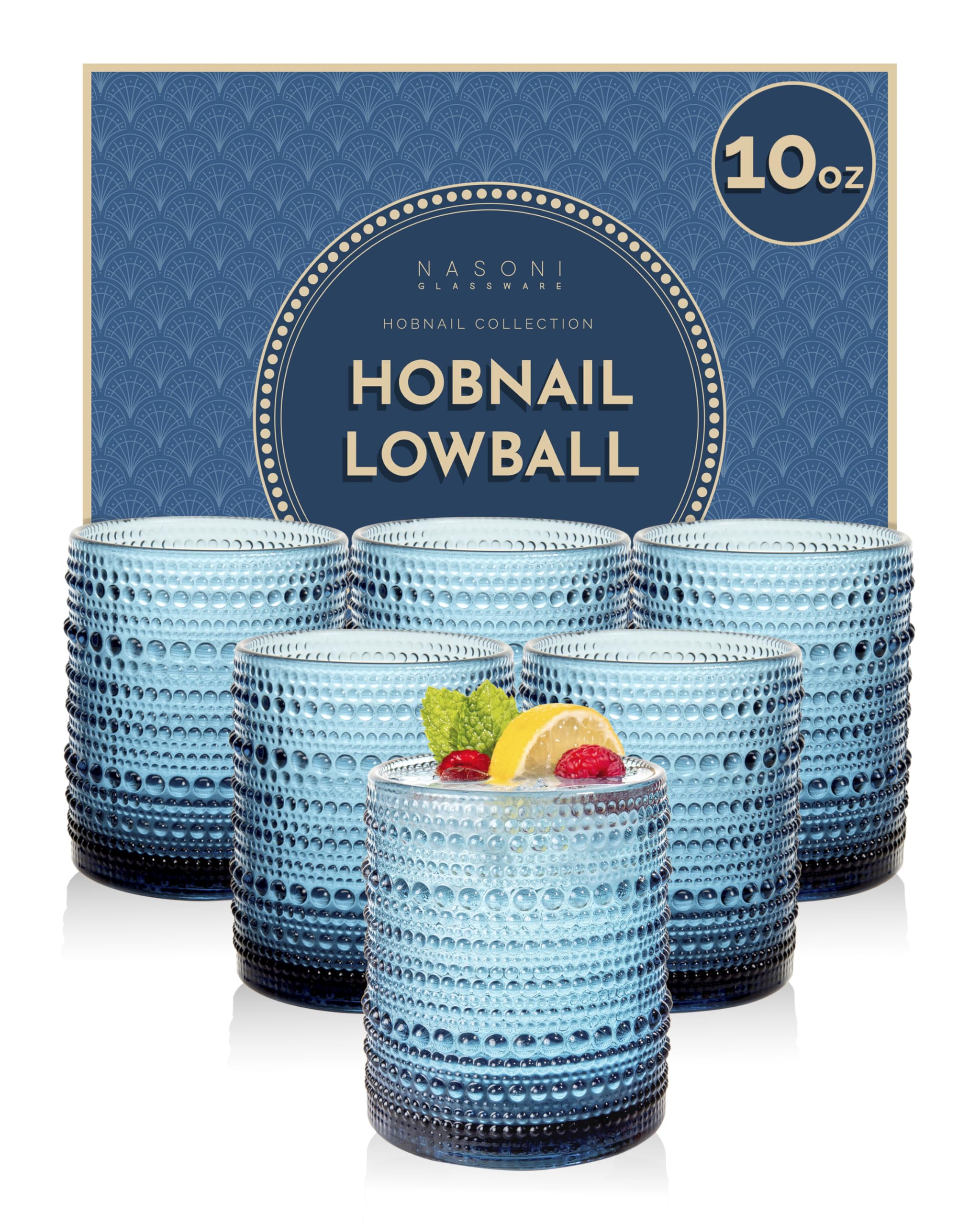 Set of 6, 10 oz Indigo Hobnail Drinking Glasses in Luxury Box, Embossed Beaded Drinking Glasses, Versatile Lowball Hobnail Glasses for All Occasions, Vintage Glassware Design