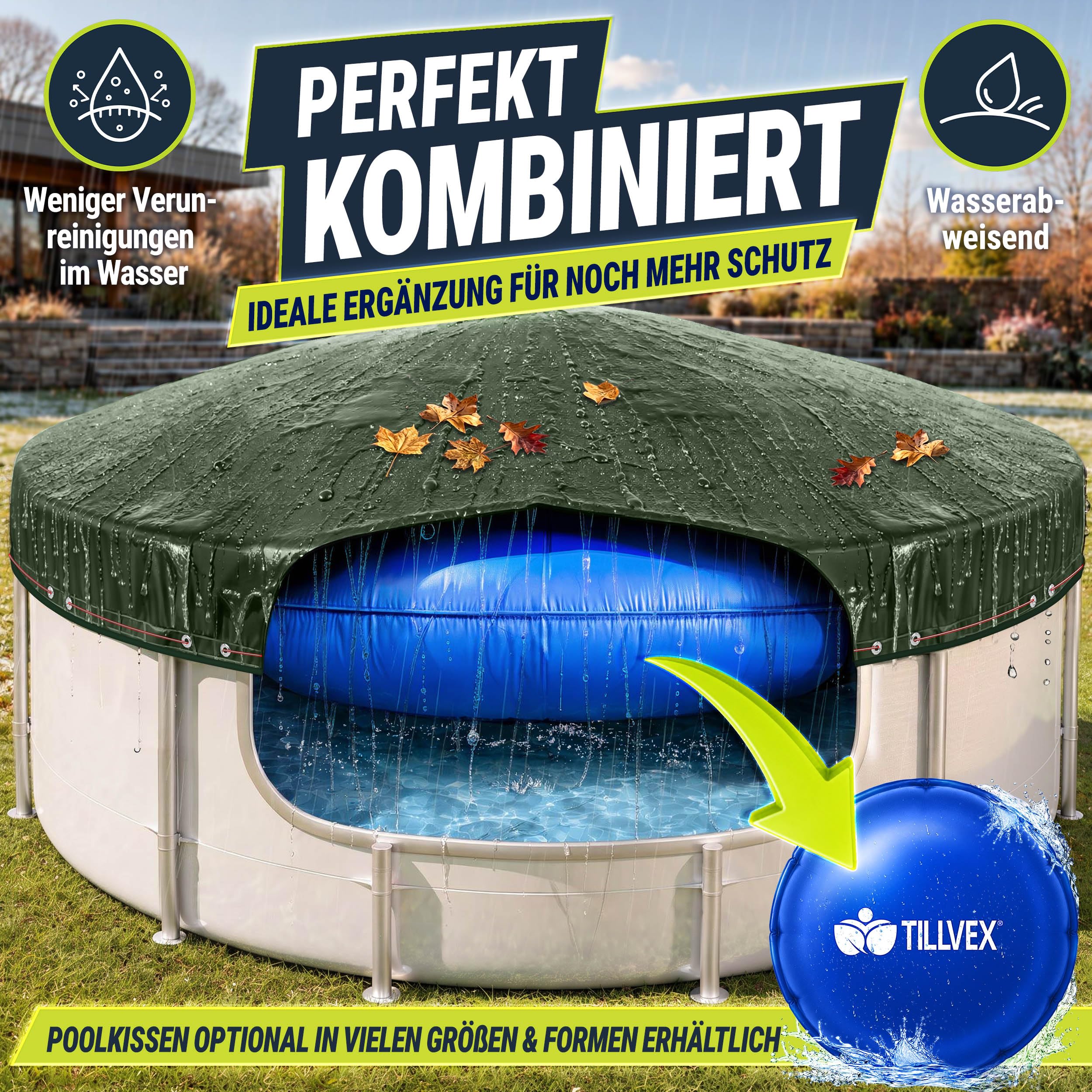 tillvex® Premium Poolabdeckung rund ø 520cm für Ø 420-460cm mit Montageset
