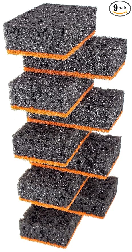 Okleen Black & Orange Multi Use Scrub Sponges. Made in Europe. 9 Pack, 4.3x2.8x1.4 inches. Heavy Duty and Non Scratch Fiber. Odorless Durable and Delicate Scrubber for Kitchen and Household Cleaning