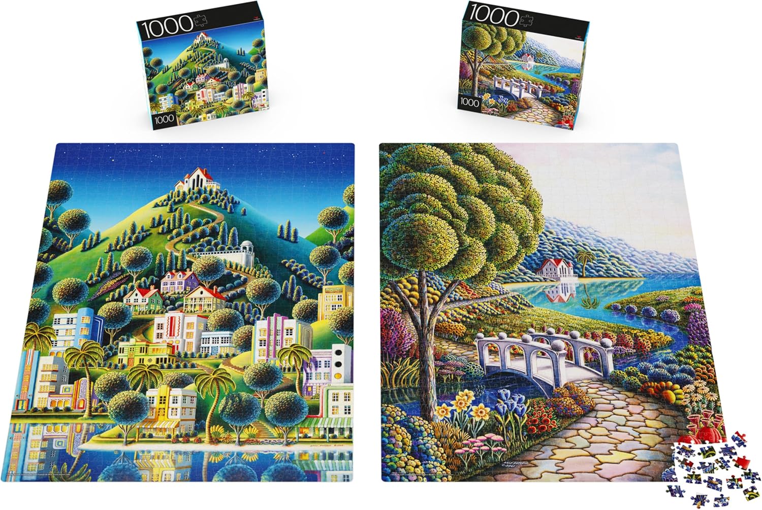 2-Pack of 1000-Piece Jigsaw Puzzles, Daffodils and Hidden Village Puzzles for Adults and Kids Ages 8+, Amazon Exclusive