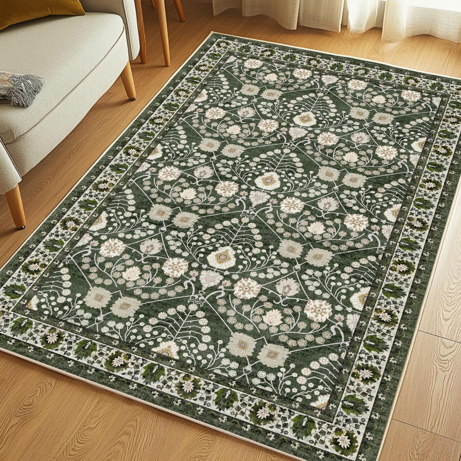 3x5 Rug Machine Washable Rugs：Boho Area Rugs Floral Rug for Living Room,TPR 3x5 Non Slip Dark Green Rugs for Under Table Carpet for Laundry Room Kids
