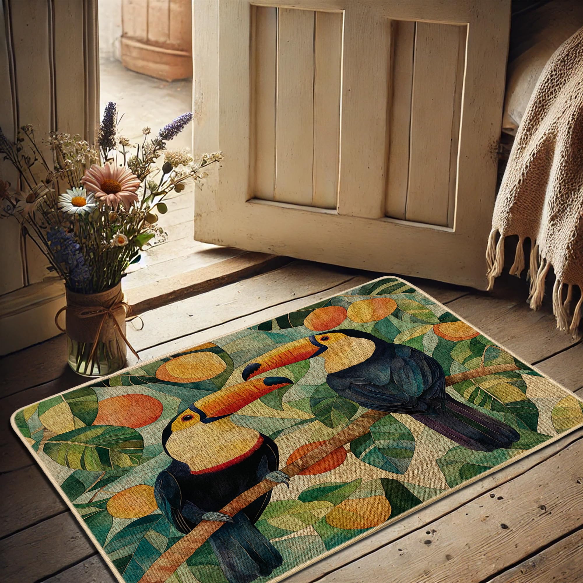 Paillasson tropical toucan coloré parfait pour sublimer l'entrée de votre terrasse