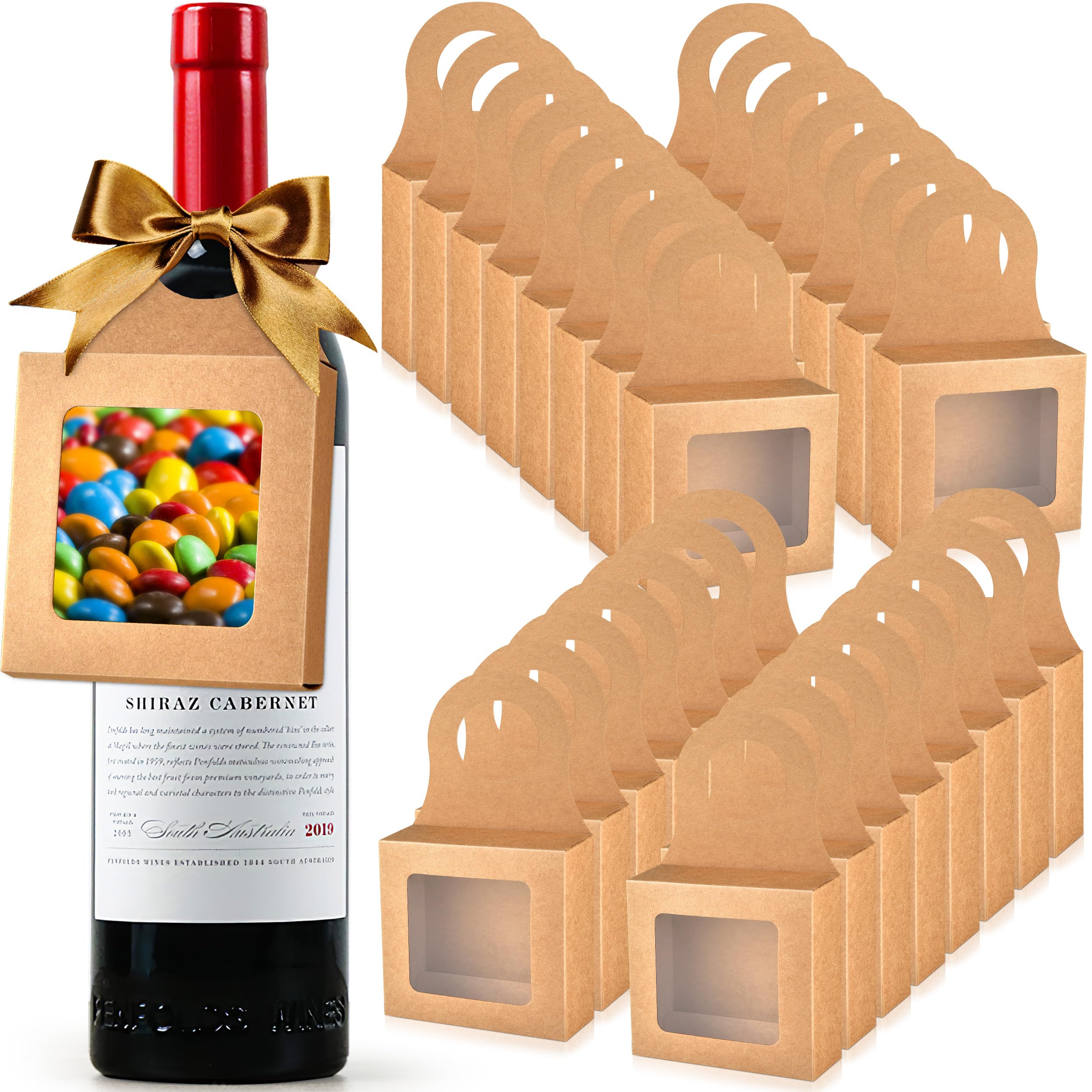 Mototo 30 PCS Kraft Paper Wine Bottle Boxes with Transparent Window Hanger Foldable Wine Bottle Empty Gift Boxes with Hanger for Valentines Christmas