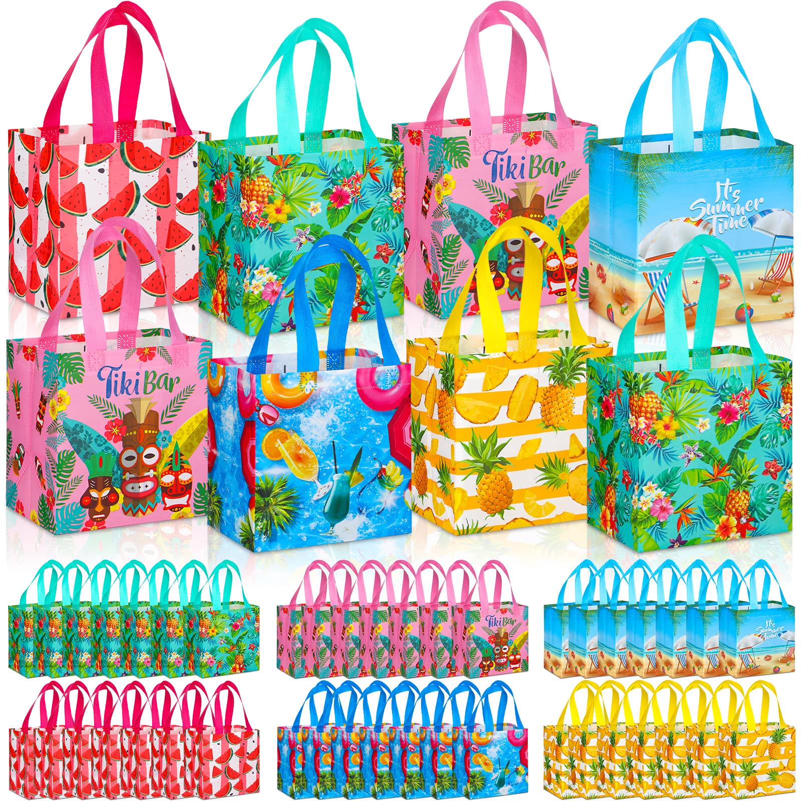 Hillban 60 Pcs 8 x 8 x 6 Inch Summer Party Favor Bags Fruit Gift Treat Bags Hawaii Aloha Goodie Totes Summer Beach Pineapple Watermelon Non Woven