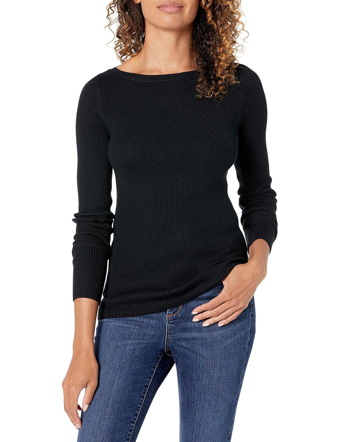 Amazon Essentials Womens Lightweight Ribbed Long-Sleeve Boat Neck Slim-Fit Sweater