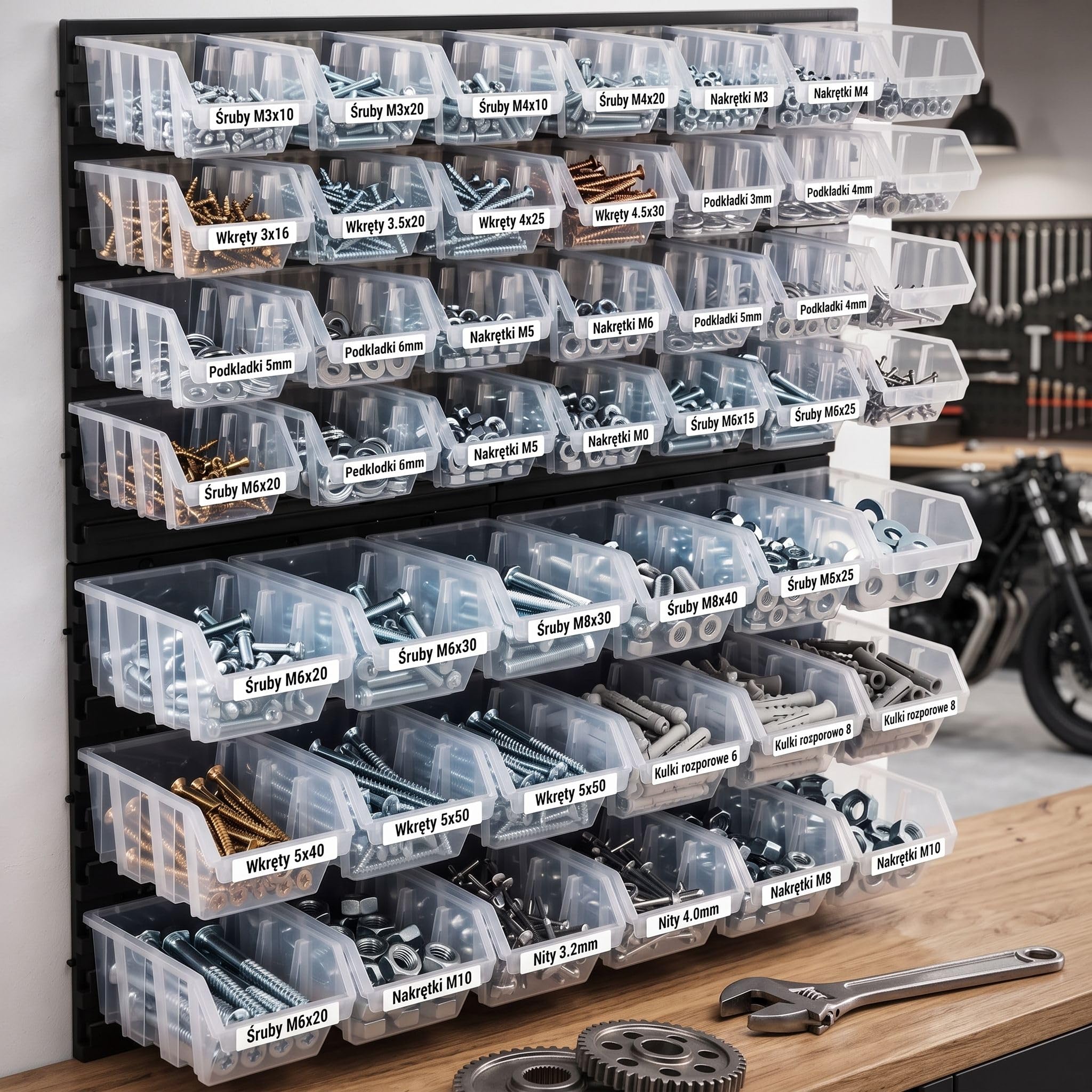 Étagère murale d'atelier avec 46 boîtes de tri transparentes, système de rangement pour vis, écrous et petites pièces, en plastique, 78 x 78 cm, capacité de charge jusqu'à 40 kg, pour garage, entrepôt