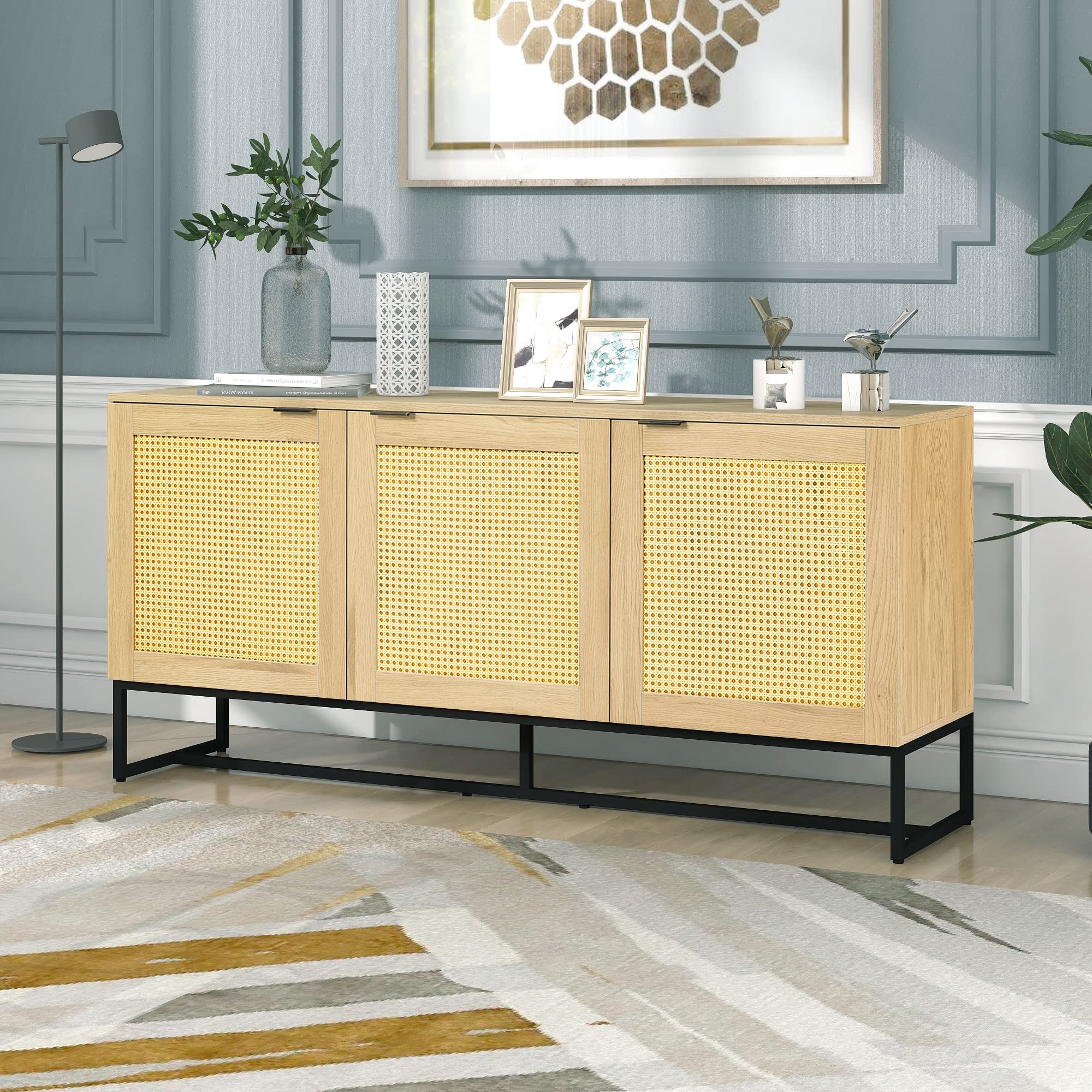 HomSof Sideboard 3 Doors for Console Table Kitchen Dining Room Cupboard, 63 inch, Wicker Storage Cabinet. Box 2 of 2 Only