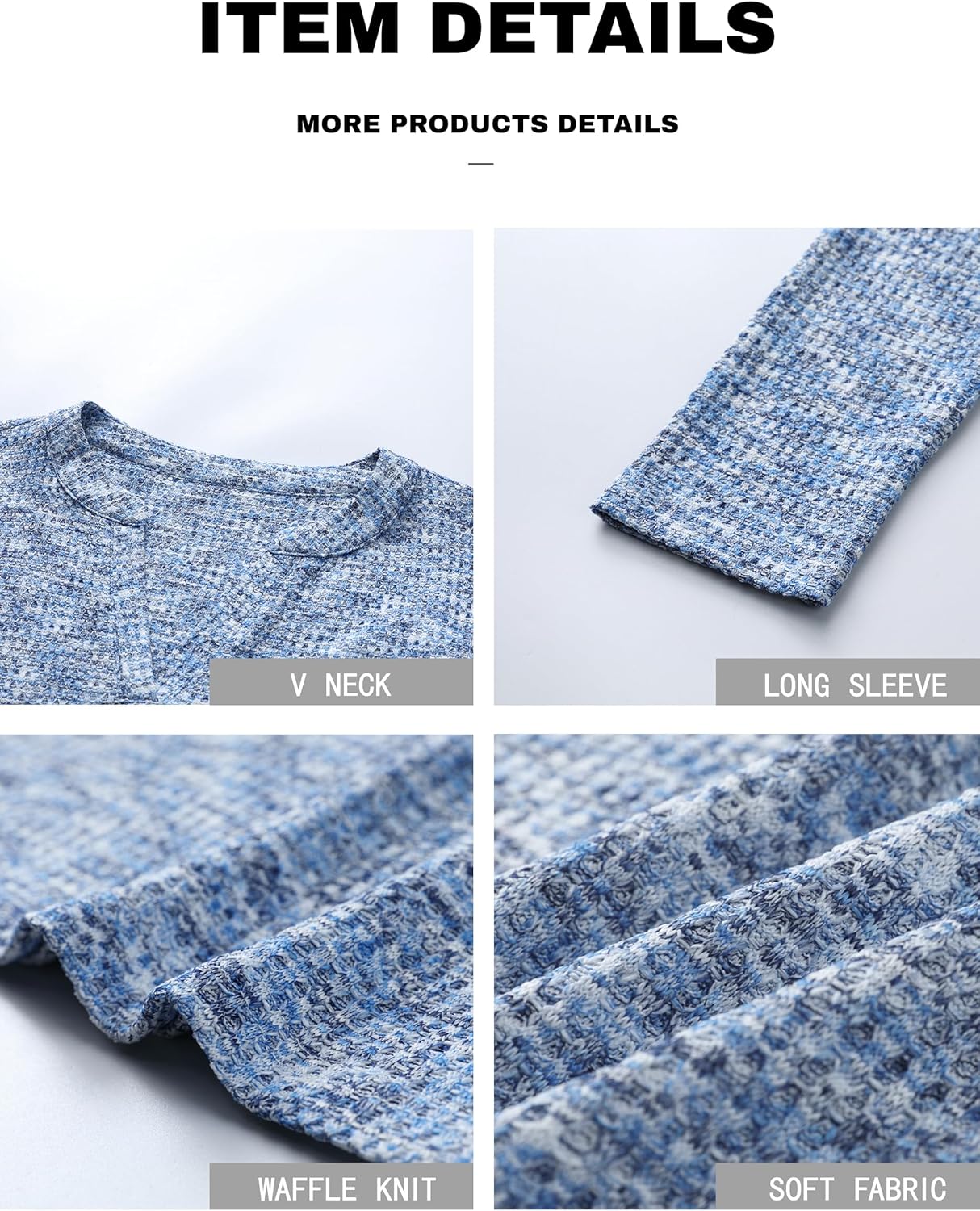 DERAX Long Sleeve Waffle Knit Tops for Women Henley V Neck Dressy Casual Shirts Blouses Baby Blue M - Image 6