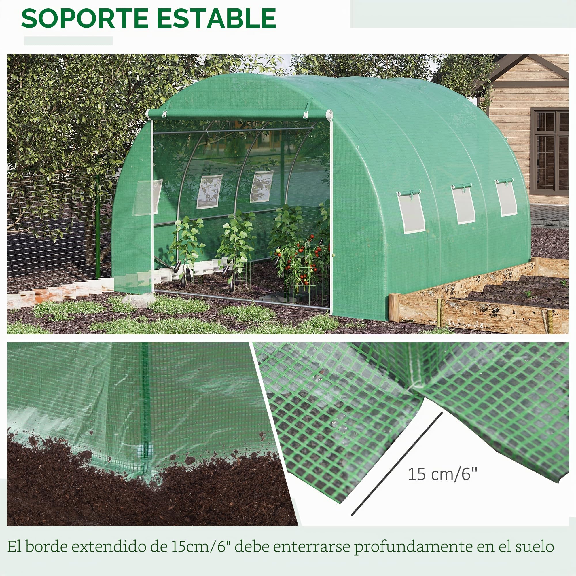 Outsunny Invernadero túnel transitable 3x3x2m Cubierta PE Verde | Invernaderos para exteriores, marco de acero, puerta y ventanas con cremallera, para flores, verduras, plantas tropicales