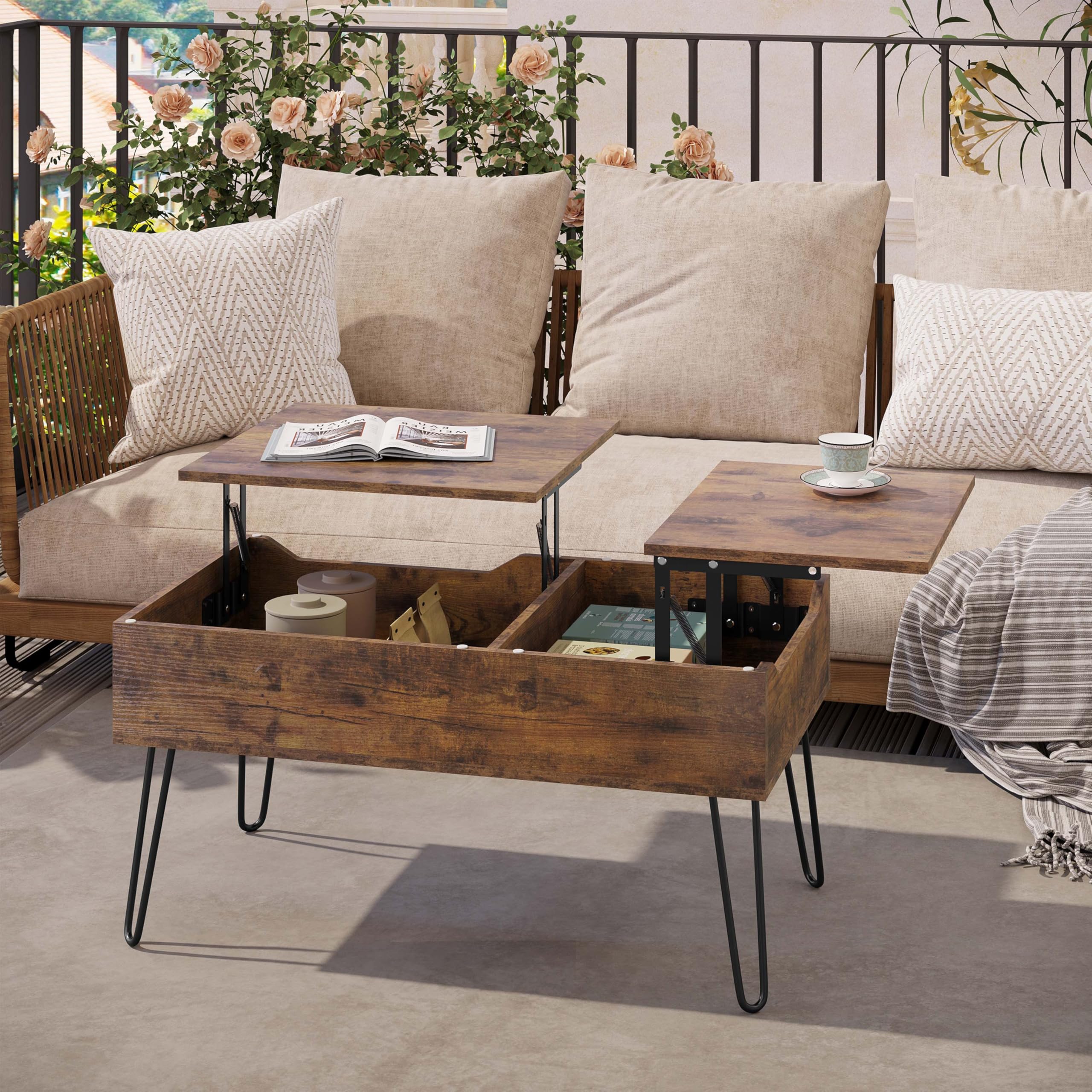 WOLTU Mesa de Centro Elevable y Extensible, Mesita Salón con Espacio Interno, Sofá Auxiliar con Patas Metálicas, Marrón Vintage, BTS14shm